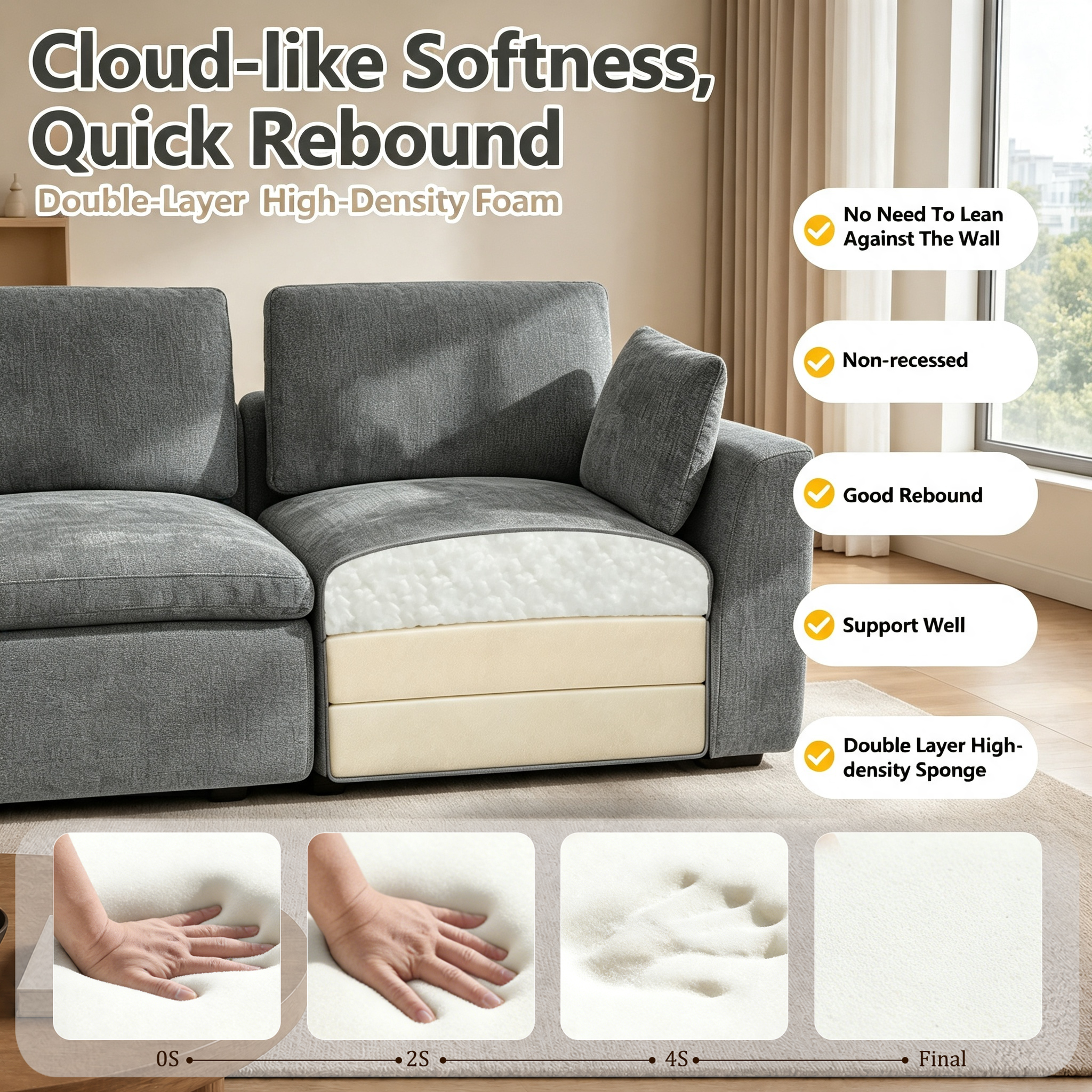 110.5" 3-Seater L-Shaped Cloud Sofa with Ottoman, Deep Seat Modular Sectional Couch with Memory Foam, Soft Chenille Fabric, Plush Comfy Sofa for Living Room, Dark Gray
