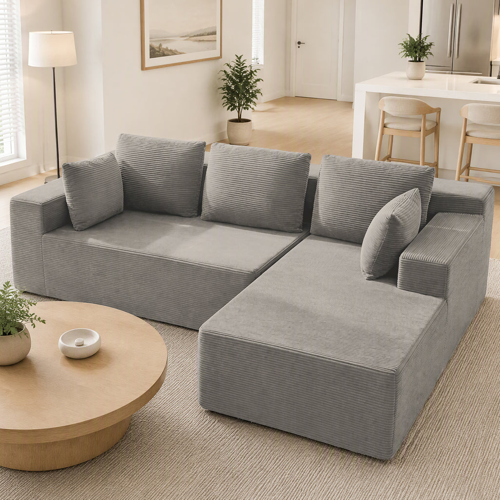 Cfvyne 98" Modular Sectional Sofa with Chaise, Boneless Cloud Couch with Dual-Layer Foam, Deep Seat L-Shaped Corduroy Sofa for Living Room, Light Gray