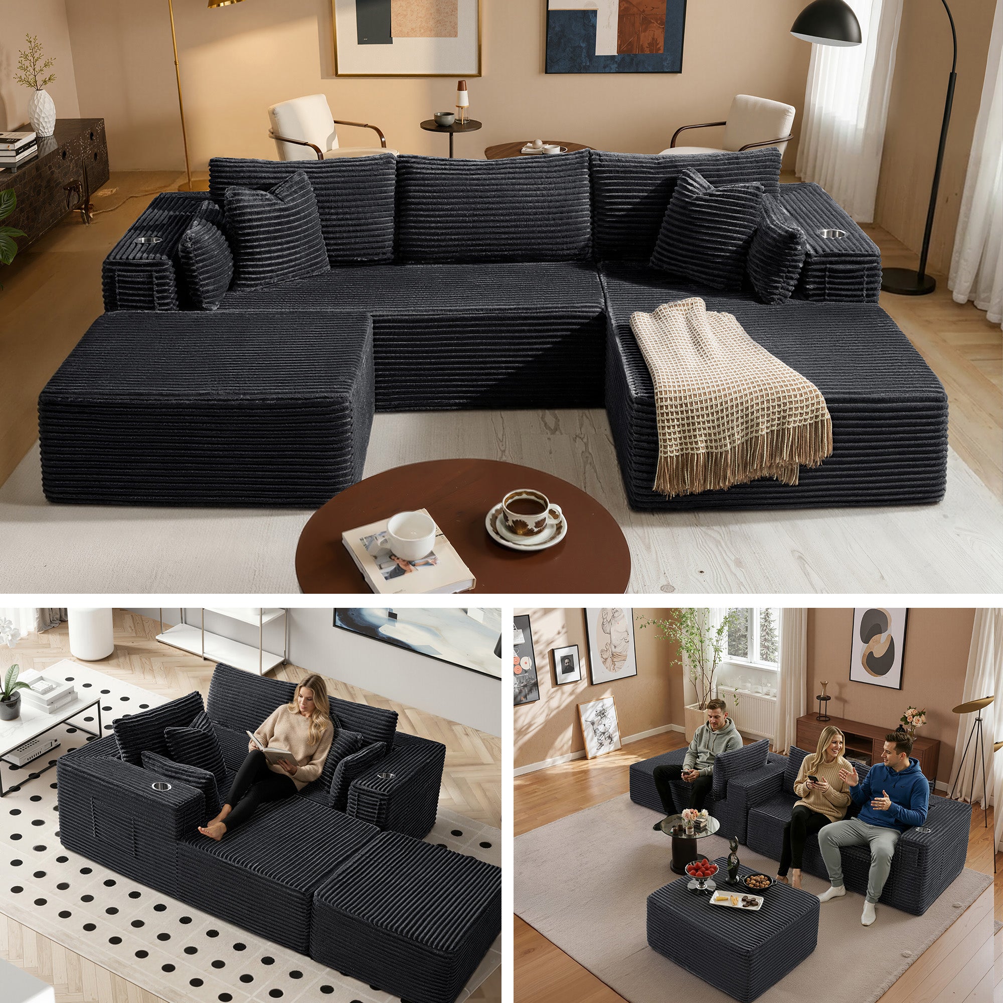 108" U-Shape Modular Cloud Sectional Boneless Sofa with Chaise & Ottoman, Extra-Wide Deep Seat Plush Corduroy Couch for Living Rooms & Apartments (Dark Grey)