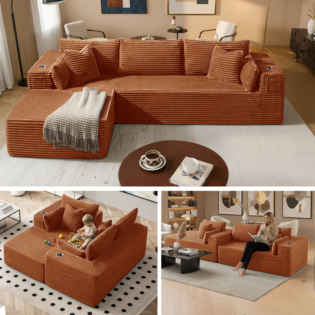 108" L-Shape Modular Cloud Sectional Boneless Sofa with Chaise, Extra-Wide Deep Seat Plush Corduroy Couch for Living Rooms & Apartments (Orange)