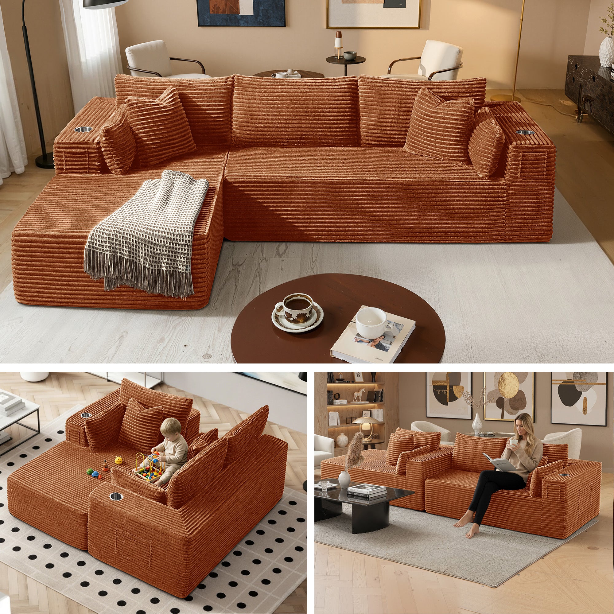 108" L-Shape Modular Cloud Sectional Boneless Sofa with Chaise, Extra-Wide Deep Seat Plush Corduroy Couch for Living Rooms & Apartments (Orange)