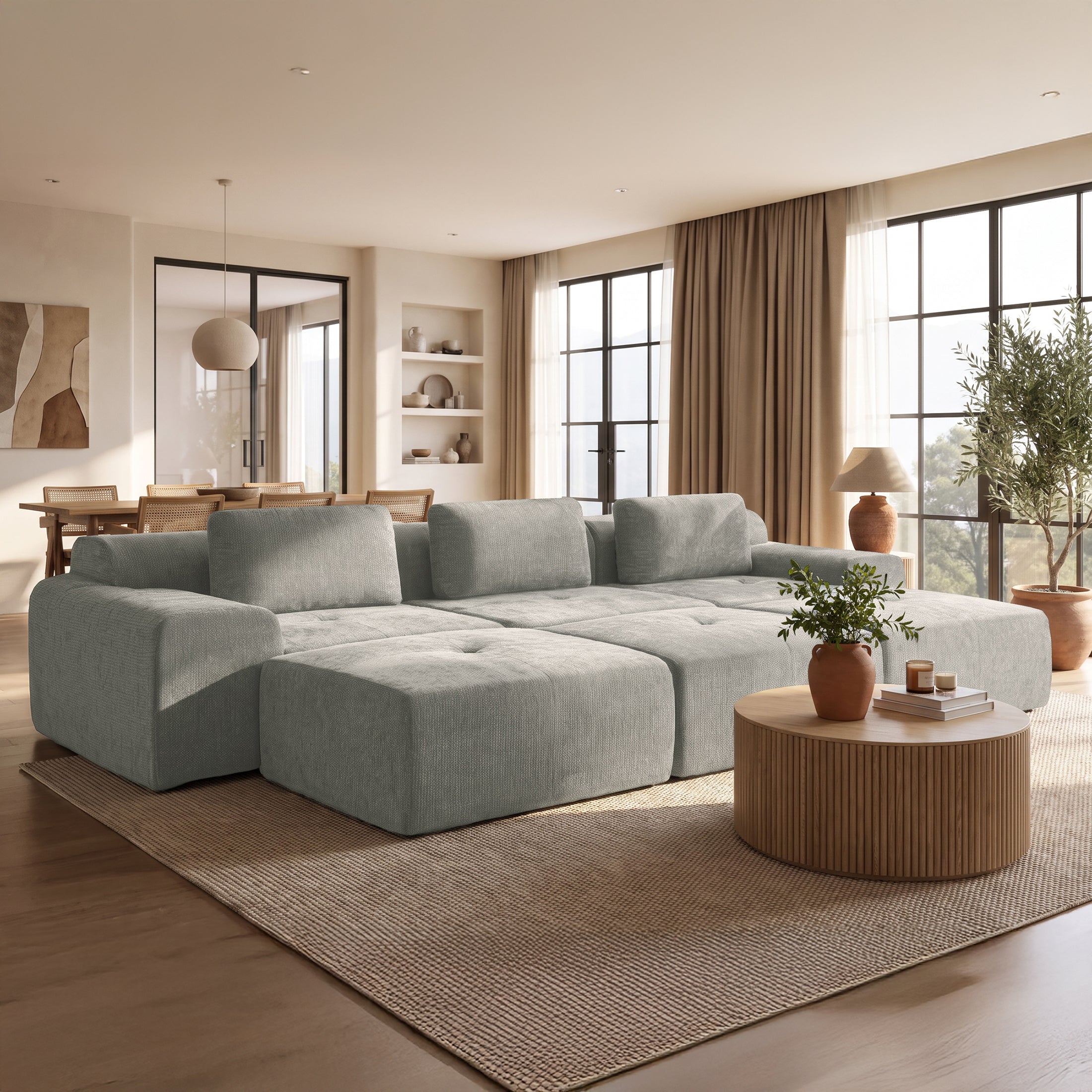 122" Modular Sectional Sofa U-Shaped Oversized Cloud Couch with High Back & Extra Deep Seat, No Assembly Required, Plush Chenille, 6 Seat, Light Grey
