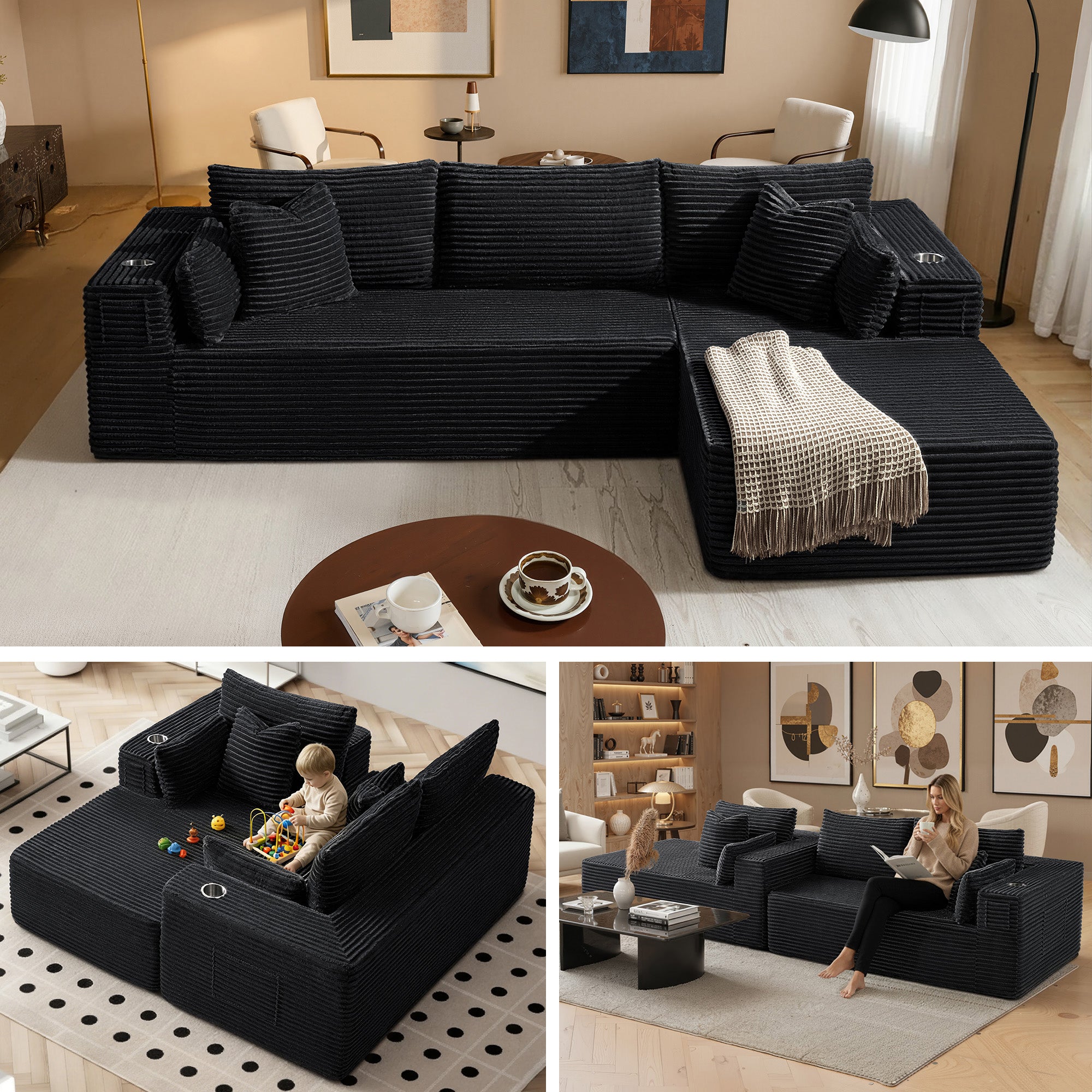 108" L-Shape Modular Cloud Sectional Boneless Sofa with Chaise, Extra-Wide Deep Seat Plush Corduroy Couch for Living Rooms & Apartments (Black)