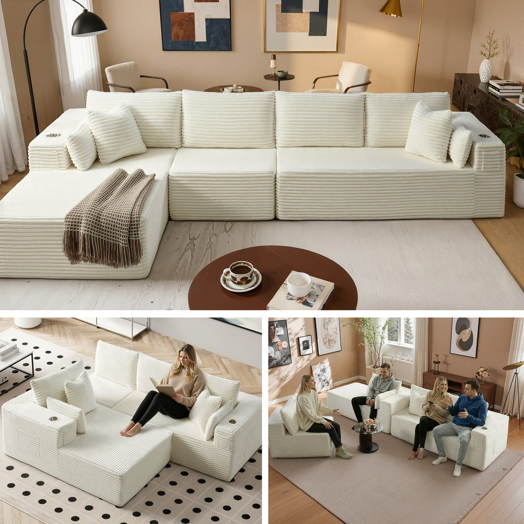 138" L-Shape Modular Cloud Sectional Boneless Sofa with Chaise, Extra-Wide Deep Seat Plush Corduroy Couch for Living Rooms & Apartments (Beige)