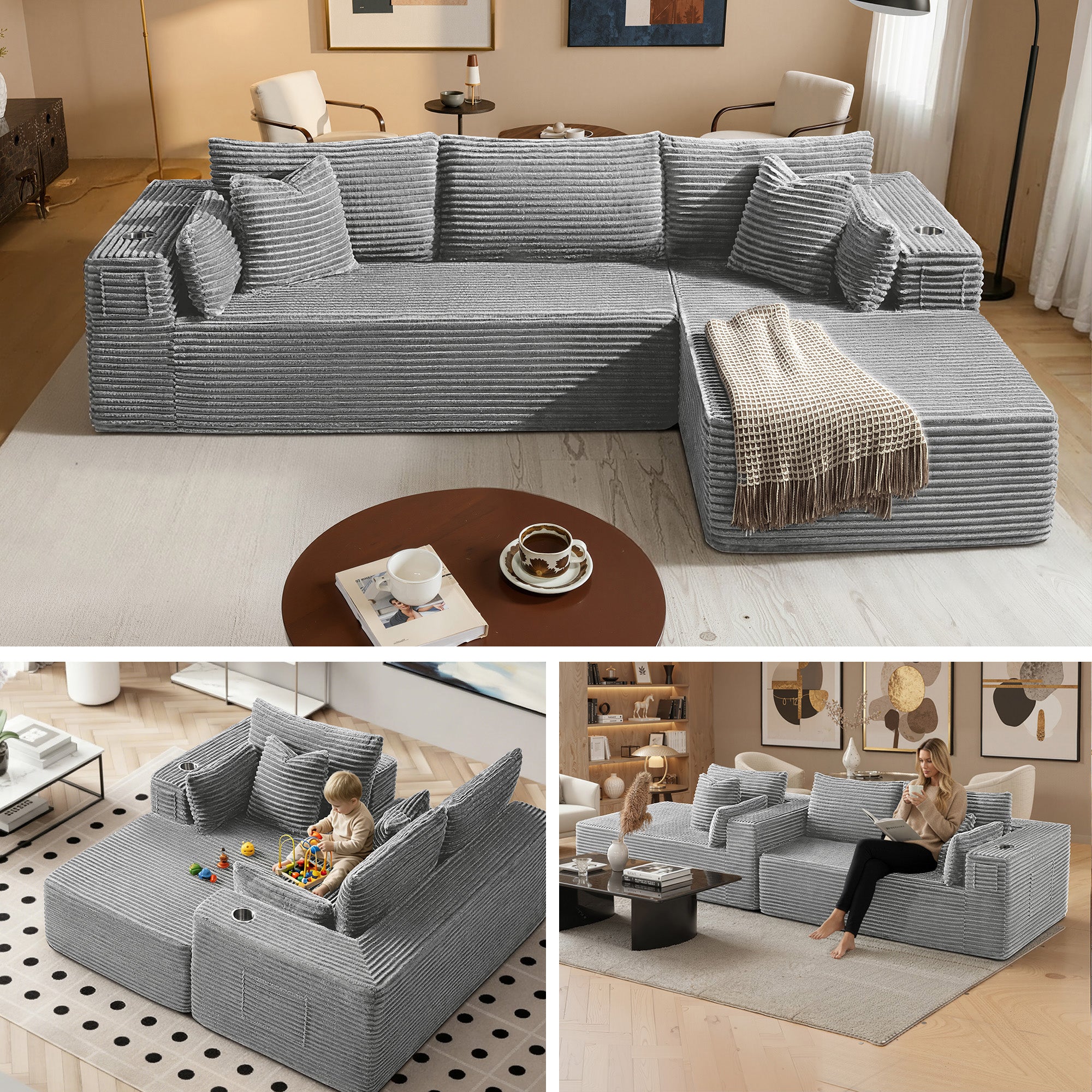 108" L-Shape Modular Cloud Sectional Boneless Sofa with Chaise, Extra-Wide Deep Seat Plush Corduroy Couch for Living Rooms & Apartments (Light Grey)
