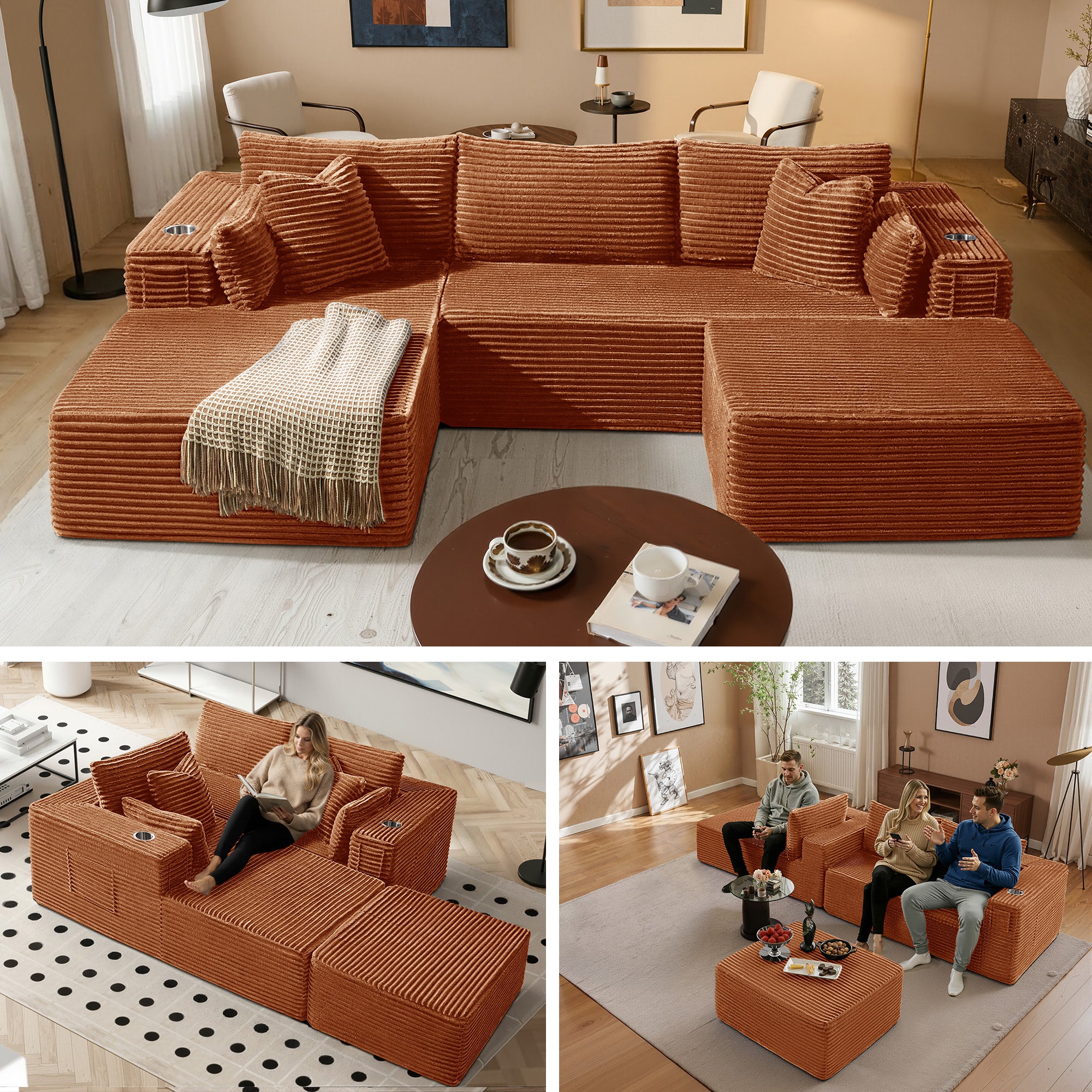 108" U-Shape Modular Cloud Sectional Boneless Sofa with Chaise & Ottoman, Extra-Wide Deep Seat Plush Corduroy Couch for Living Rooms & Apartments (Orange)
