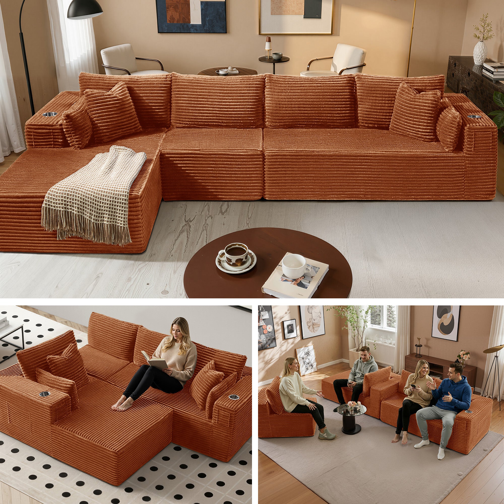 138" L-Shape Modular Cloud Sectional Boneless Sofa with Chaise, Extra-Wide Deep Seat Plush Corduroy Couch for Living Rooms & Apartments (Orange)
