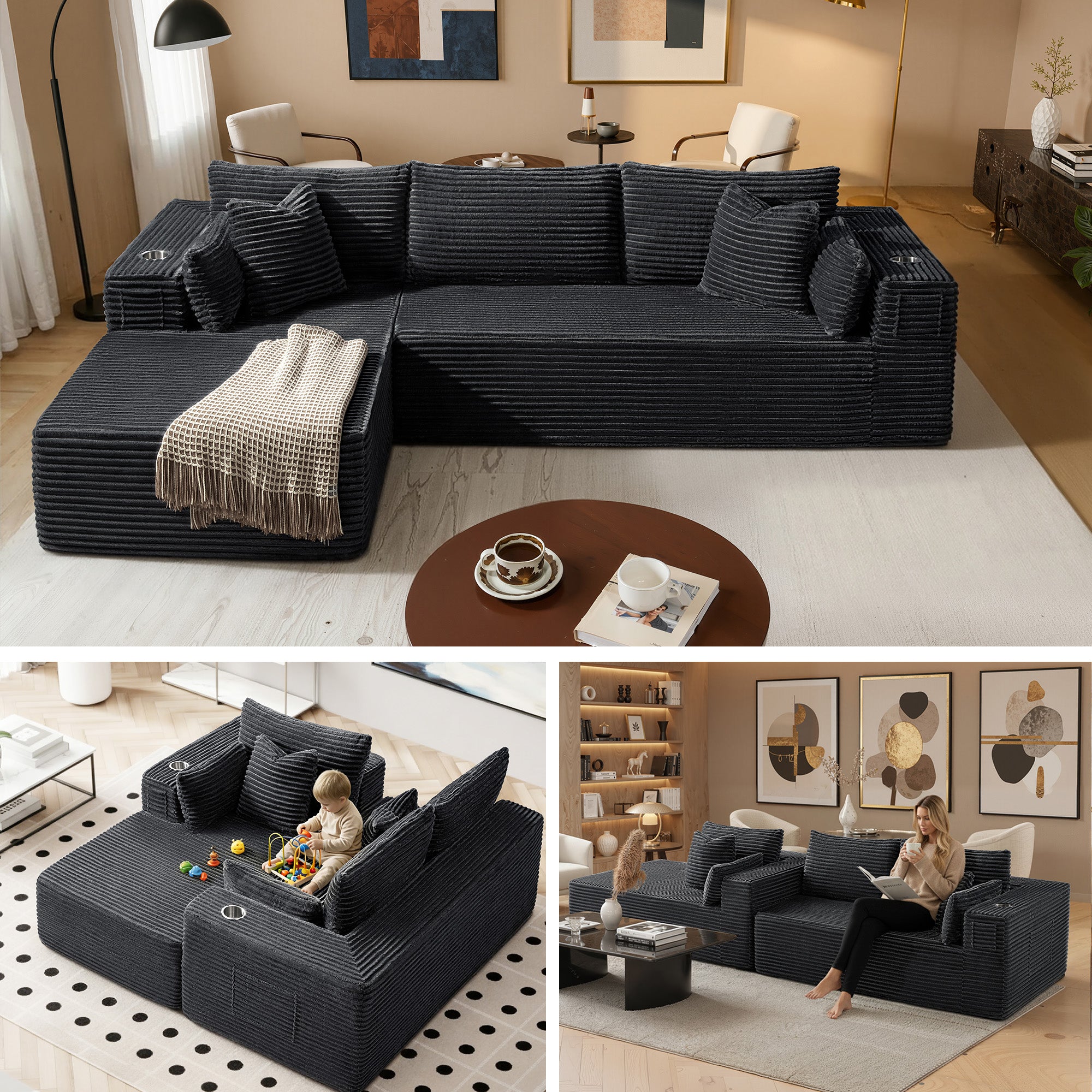 108" L-Shape Modular Cloud Sectional Boneless Sofa with Chaise, Extra-Wide Deep Seat Plush Corduroy Couch for Living Rooms & Apartments (Dark Grey)