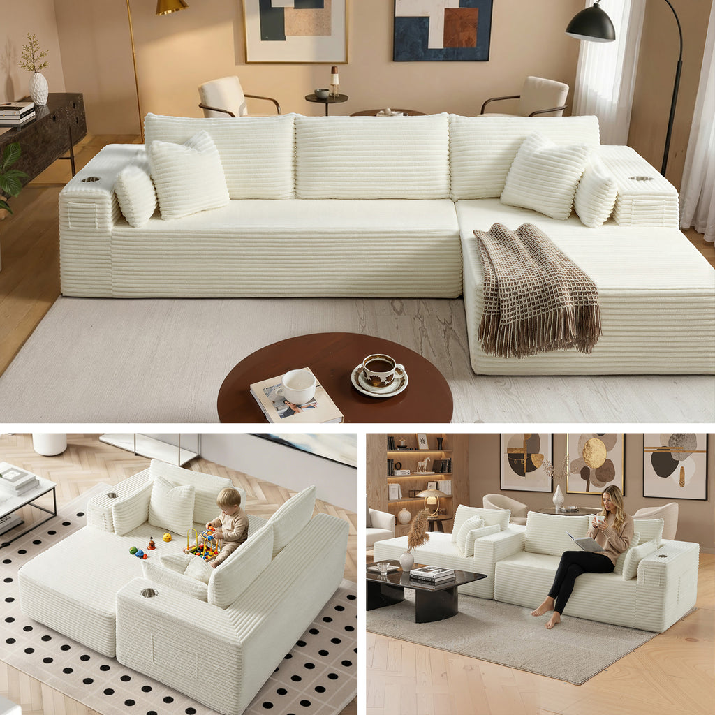 108" L-Shape Modular Cloud Sectional Boneless Sofa with Chaise, Extra-Wide Deep Seat Plush Corduroy Couch for Living Rooms & Apartments (Beige)