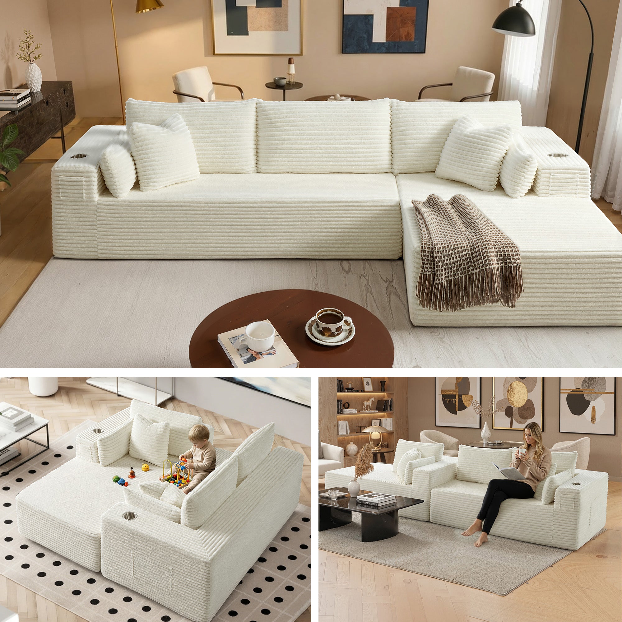 108" L-Shape Modular Cloud Sectional Boneless Sofa with Chaise, Extra-Wide Deep Seat Plush Corduroy Couch for Living Rooms & Apartments (Beige)