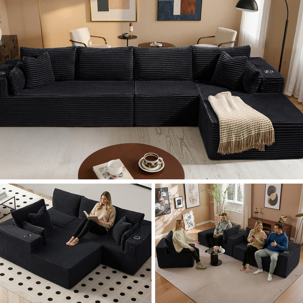 138" L-Shape Modular Cloud Sectional Boneless Sofa with Chaise, Extra-Wide Deep Seat Plush Corduroy Couch for Living Rooms & Apartments (Black)
