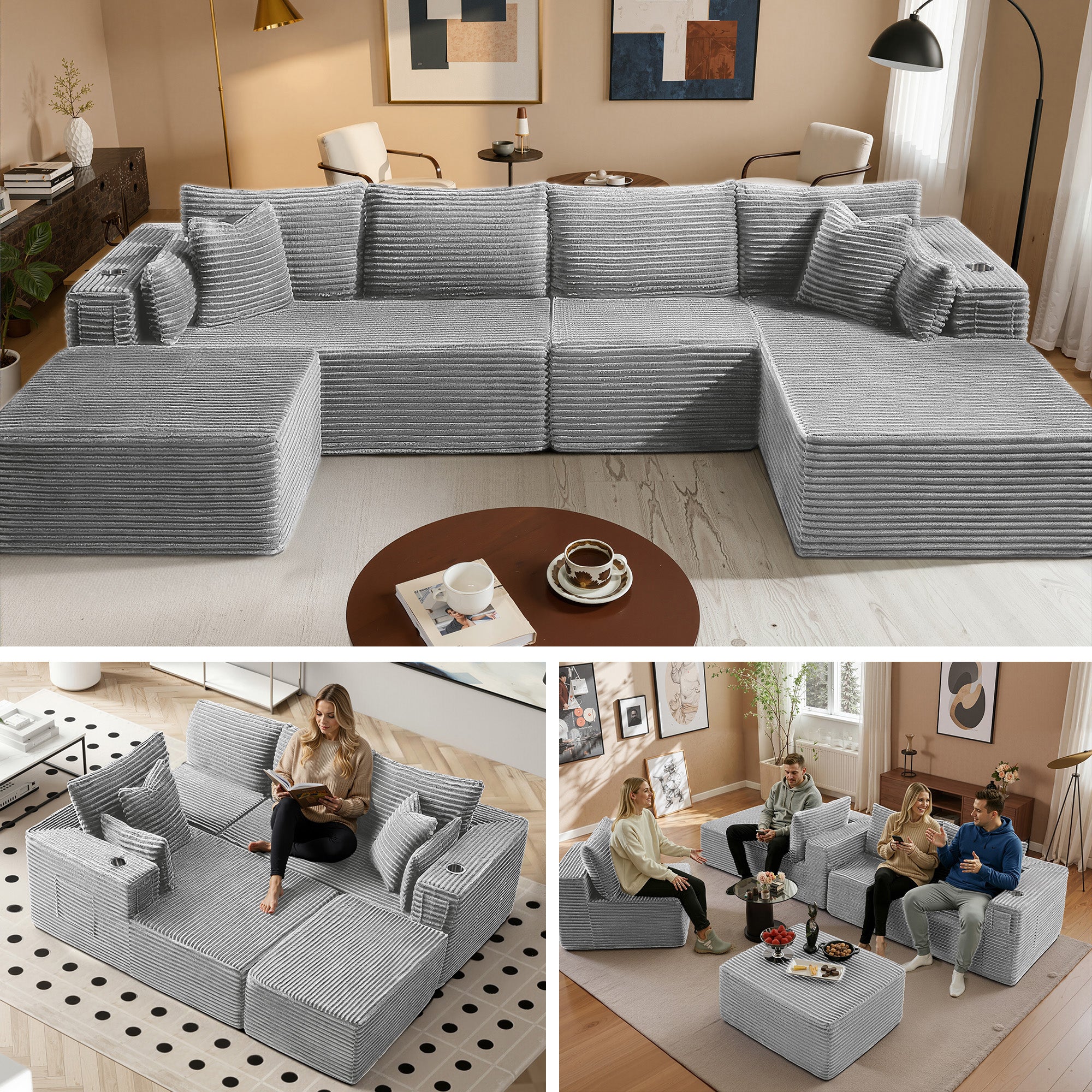 138" U-Shape Modular Cloud Sectional Boneless Sofa with Chaise & Ottoman, Extra-Wide Deep Seat Plush Corduroy Couch for Living Rooms & Apartments (Light Grey)