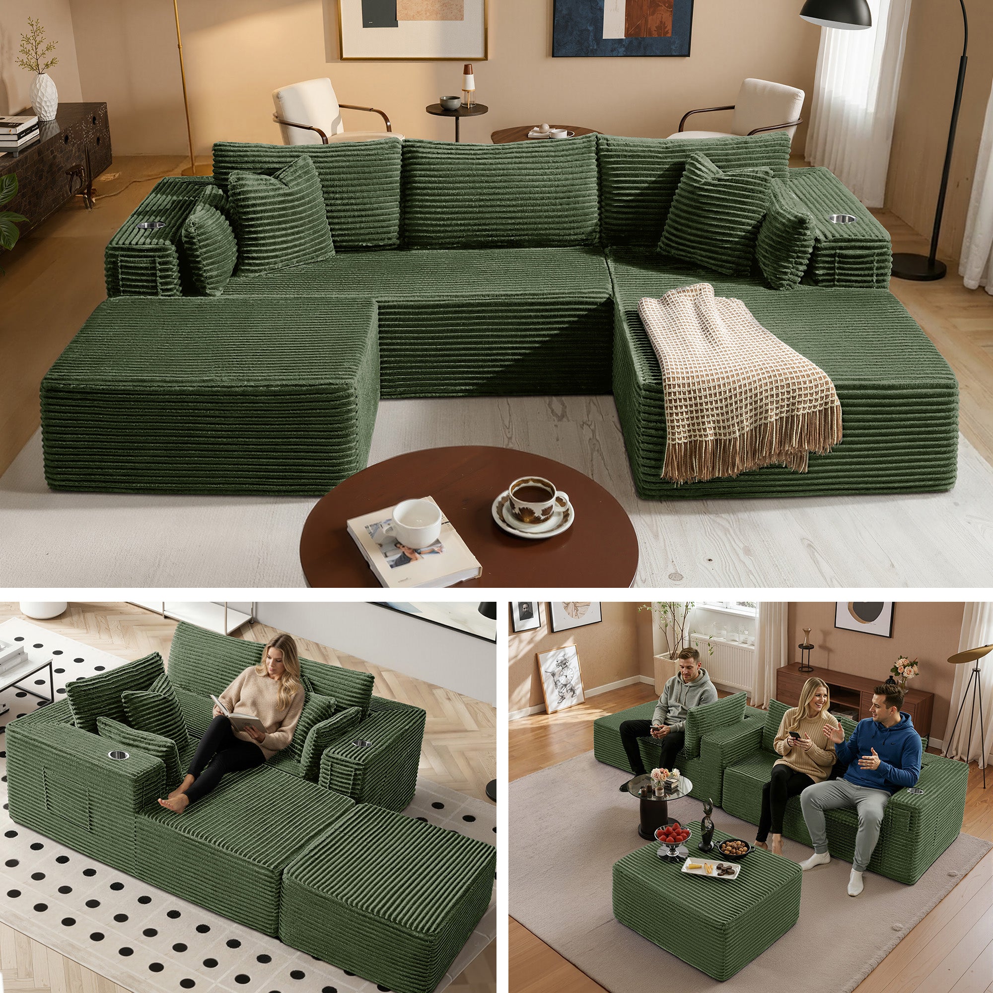 108" U-Shape Modular Cloud Sectional Boneless Sofa with Chaise & Ottoman, Extra-Wide Deep Seat Plush Corduroy Couch for Living Rooms & Apartments (Green)