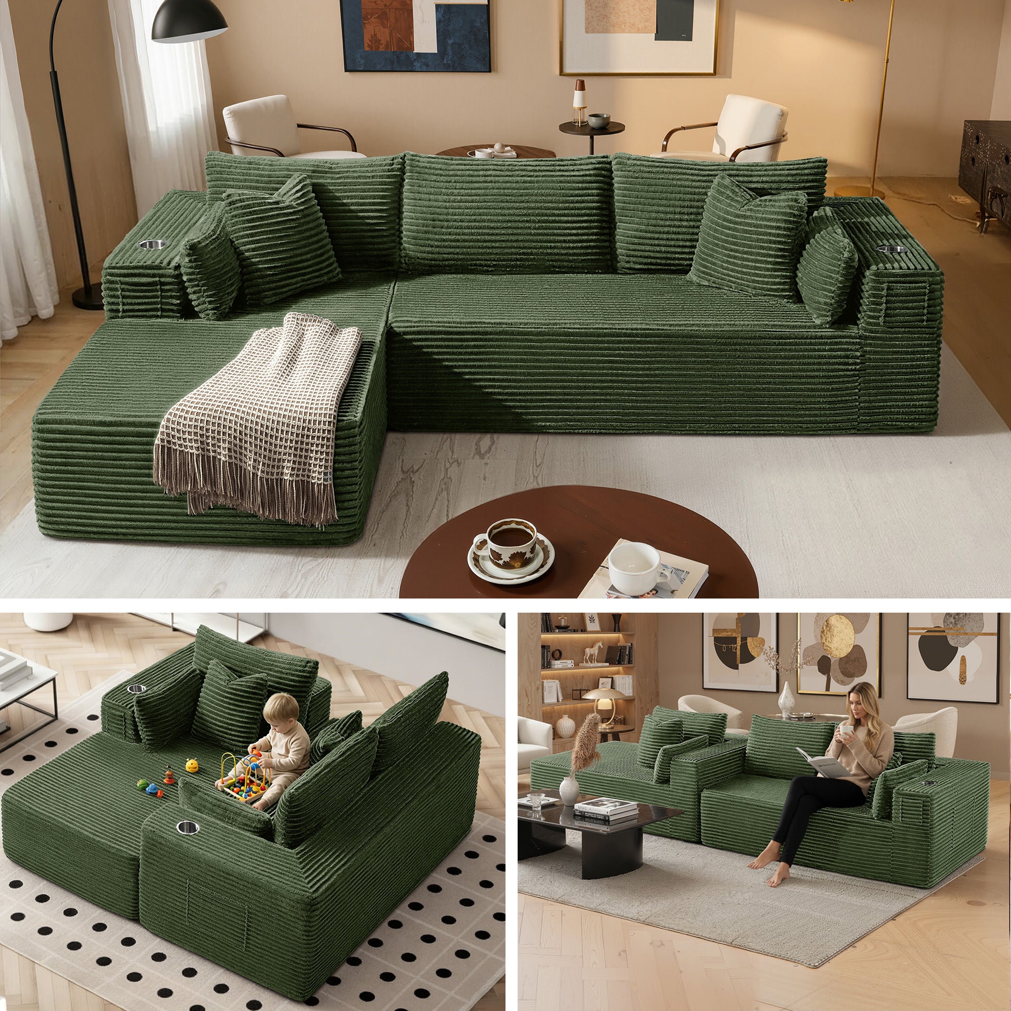 108" L-Shape Modular Cloud Sectional Boneless Sofa with Chaise, Extra-Wide Deep Seat Plush Corduroy Couch for Living Rooms & Apartments (Green)