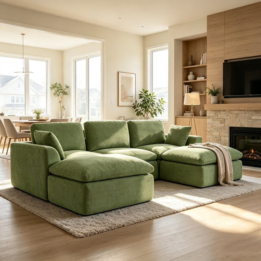 110.5" 3-Seater Cloud Sofa with 2 Movable Ottomans, Deep Seat Modular Sectional sofa with Memory Foam, Soft Chenille Fabric for Living Room, Green