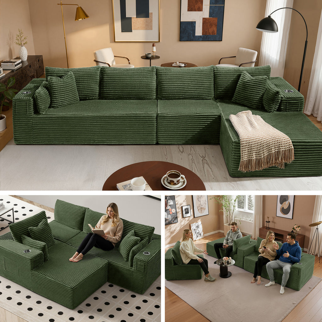 138" L-Shape Modular Cloud Sectional Boneless Sofa with Chaise, Extra-Wide Deep Seat Plush Corduroy Couch for Living Rooms & Apartments (Green)