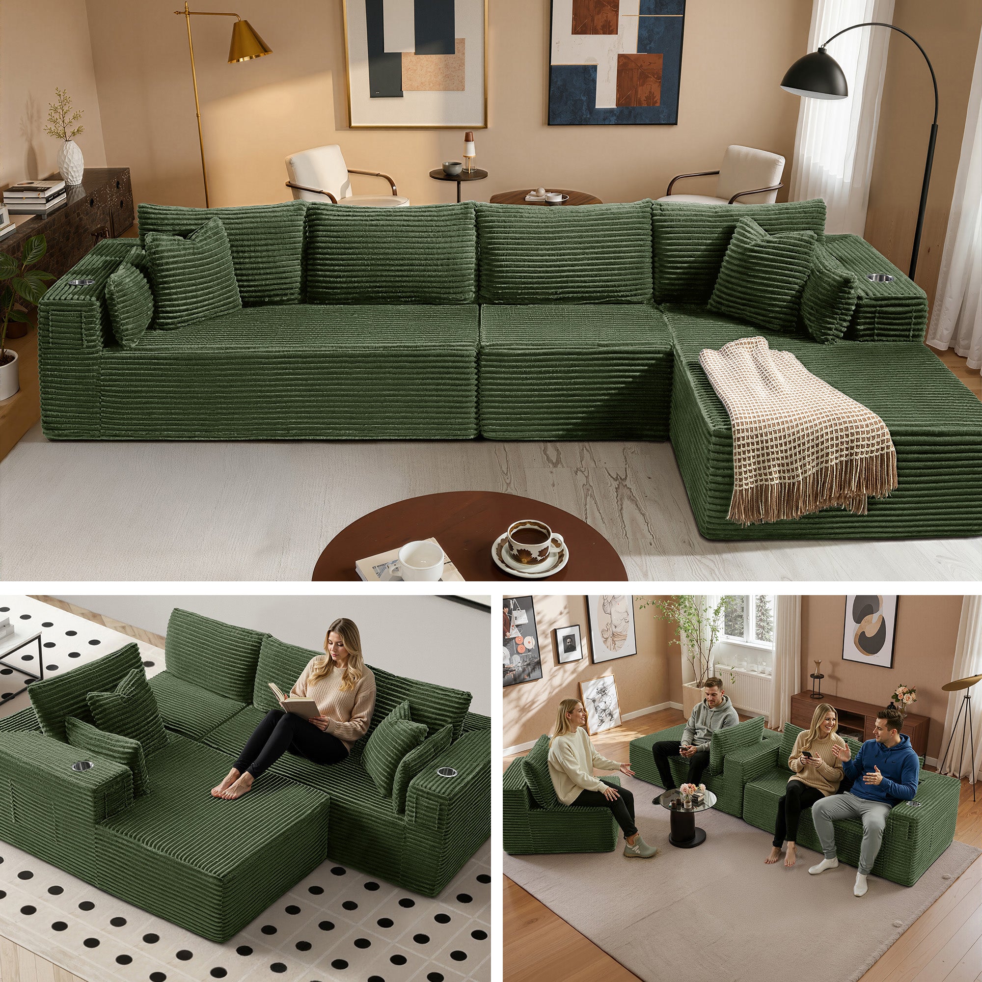 138" L-Shape Modular Cloud Sectional Boneless Sofa with Chaise, Extra-Wide Deep Seat Plush Corduroy Couch for Living Rooms & Apartments (Green)