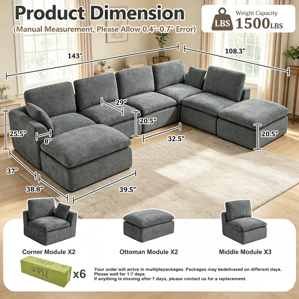 175" 5-Seater Cloud Sofa with 2 Movable Ottomans, Deep Seat Modelar Sectional Sofa with Memory Foam, Soft Chenille Fabric, Plush Comfy Sofa for Living Room, Dark Gray