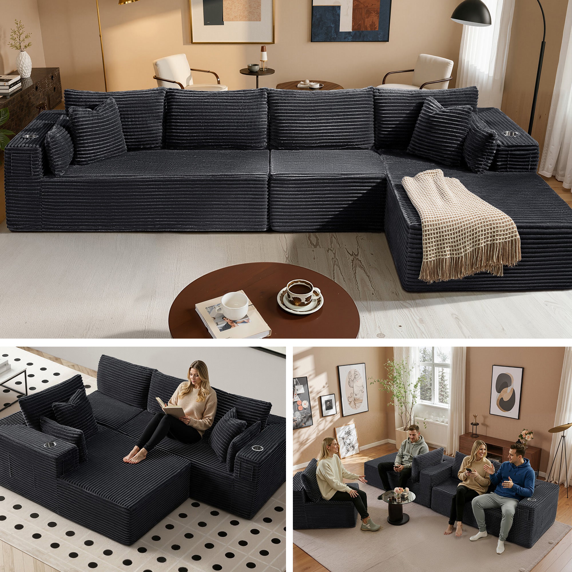 138" L-Shape Modular Cloud Sectional Boneless Sofa with Chaise, Extra-Wide Deep Seat Plush Corduroy Couch for Living Rooms & Apartments (Dark Grey)