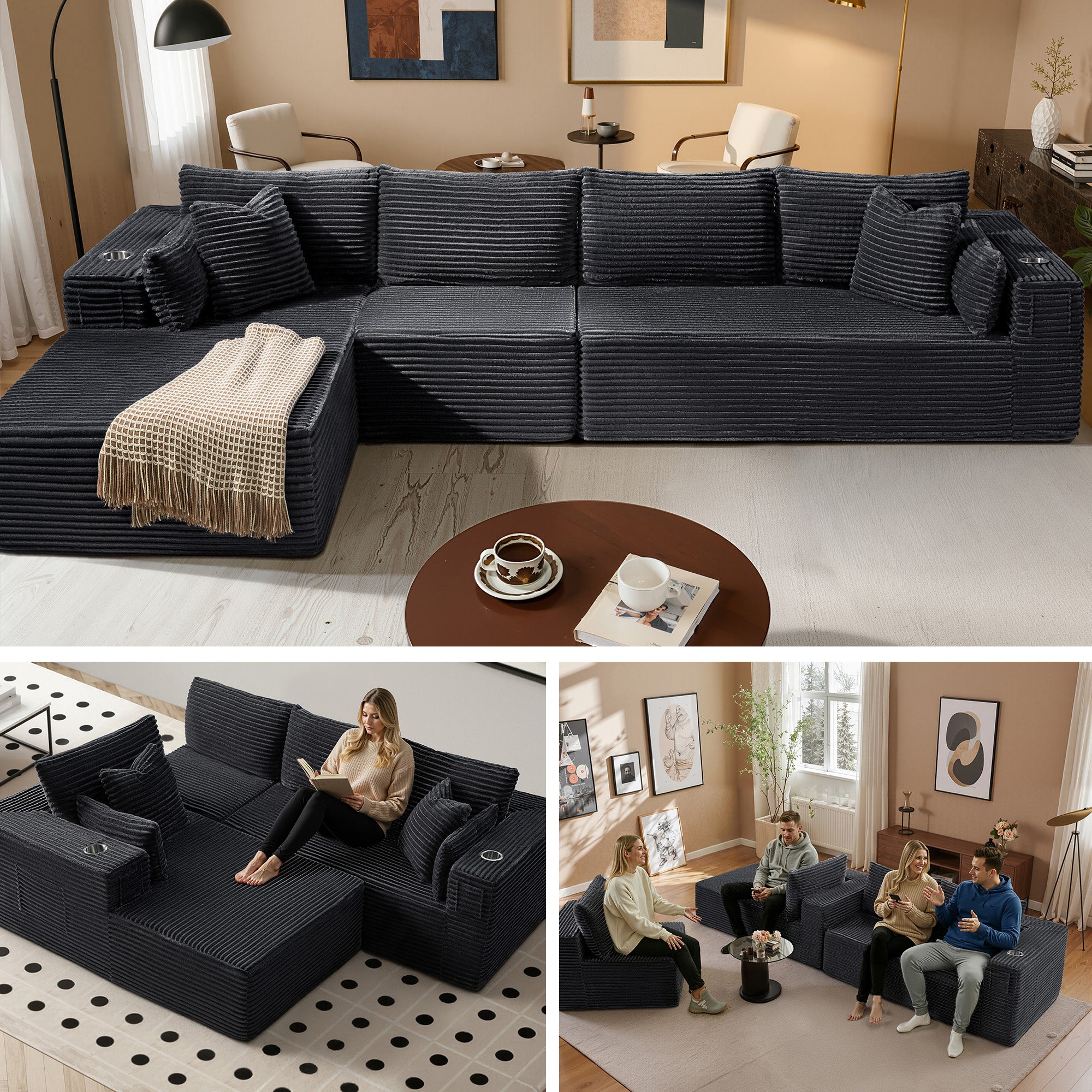 138" L-Shape Modular Cloud Sectional Boneless Sofa with Chaise, Extra-Wide Deep Seat Plush Corduroy Couch for Living Rooms & Apartments (Dark Grey)