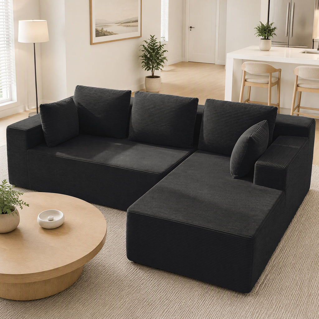 Cfvyne 98" Modular Sectional Sofa with Chaise, Boneless Cloud Couch with Dual-Layer Foam, Deep Seat L-Shaped Corduroy Sofa for Living Room, Black