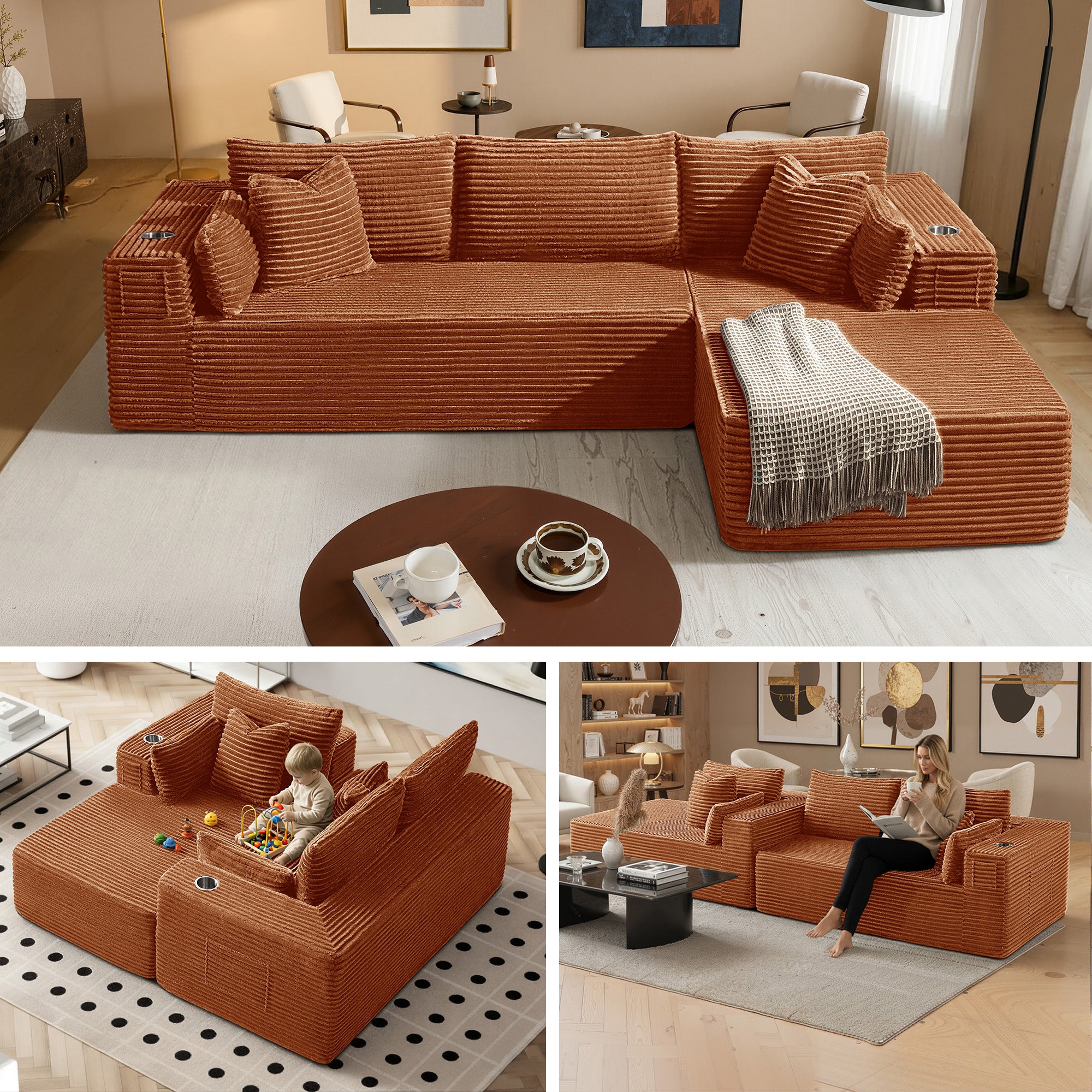 108" L-Shape Modular Cloud Sectional Boneless Sofa with Chaise, Extra-Wide Deep Seat Plush Corduroy Couch for Living Rooms & Apartments (Orange)