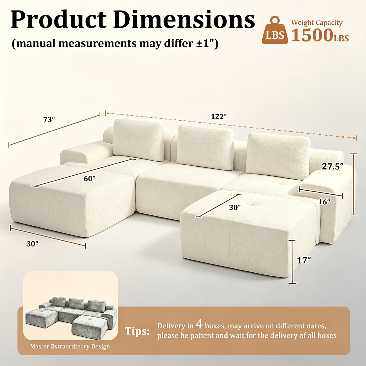 122" Modular Sectional Sofa U-Shaped Oversized Cloud Couch with High Back & Extra Deep Seat, No Assembly Required, Plush Chenille, 5 Seat, Beige