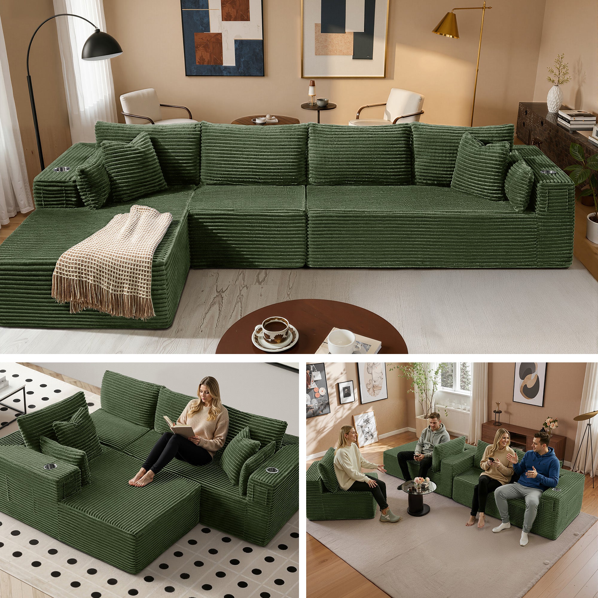 138" L-Shape Modular Cloud Sectional Boneless Sofa with Chaise, Extra-Wide Deep Seat Plush Corduroy Couch for Living Rooms & Apartments (Green)