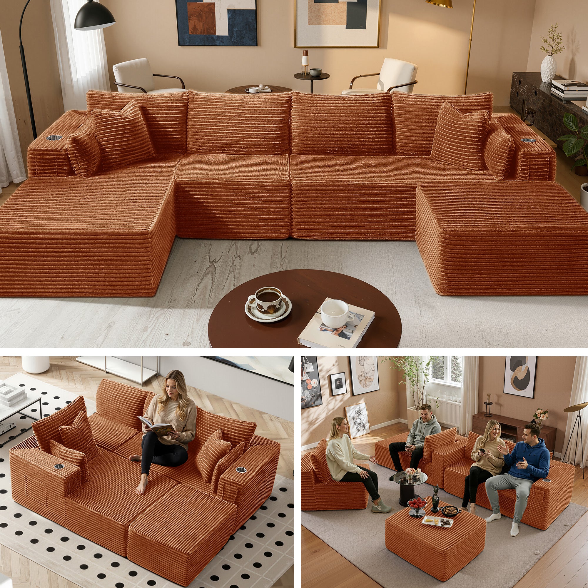 138" U-Shape Modular Cloud Sectional Boneless Sofa with Chaise & Ottoman, Extra-Wide Deep Seat Plush Corduroy Couch for Living Rooms & Apartments (Orange)