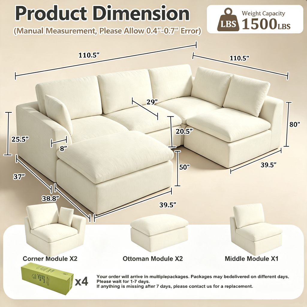 110.5" 3-Seater Cloud Sofa with 2 Movable Ottomans, Deep Seat Modular Sectional sofa with Memory Foam, Soft Chenille Fabric for Living Room, Beige