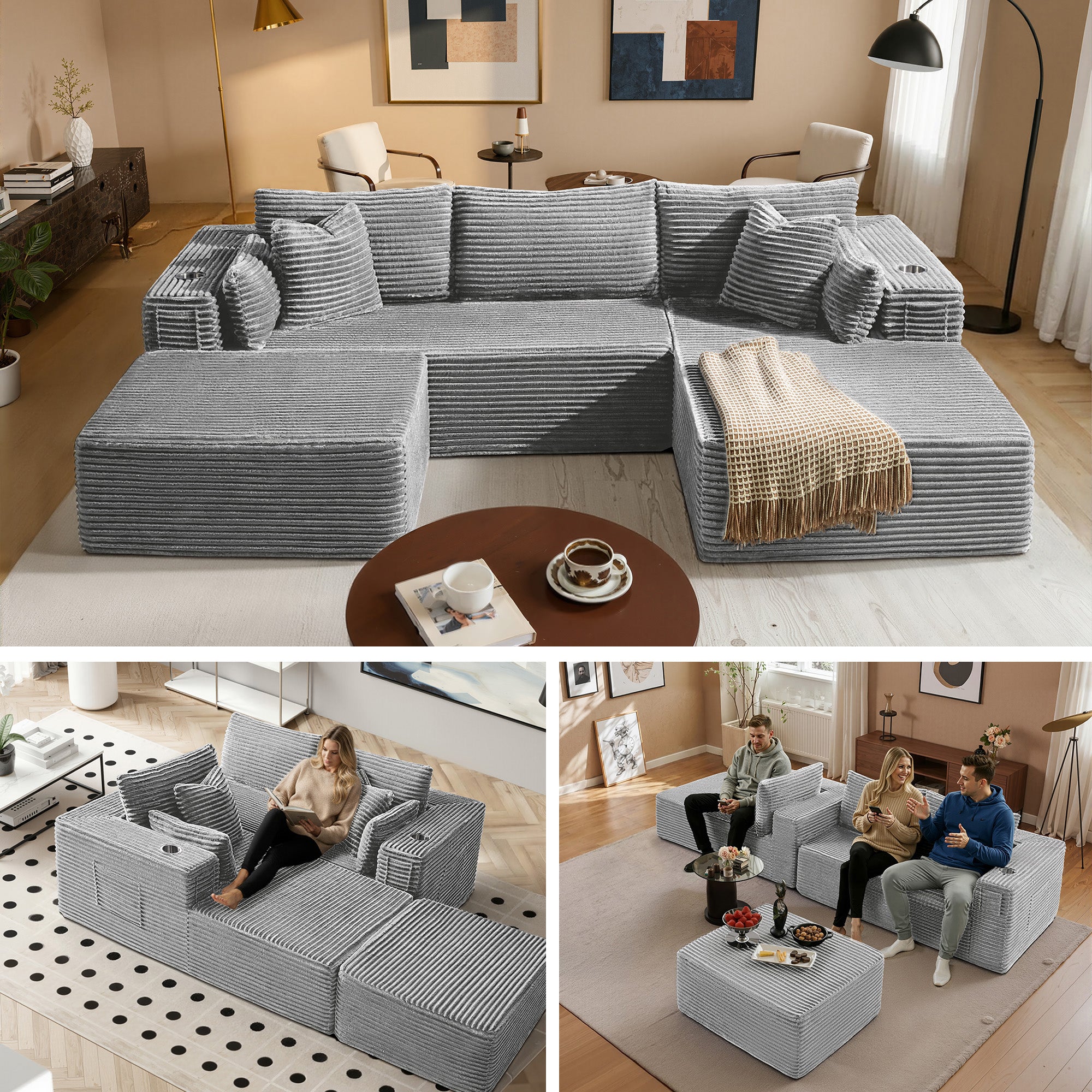 108" U-Shape Modular Cloud Sectional Boneless Sofa with Chaise & Ottoman, Extra-Wide Deep Seat Plush Corduroy Couch for Living Rooms & Apartments (Light Grey)