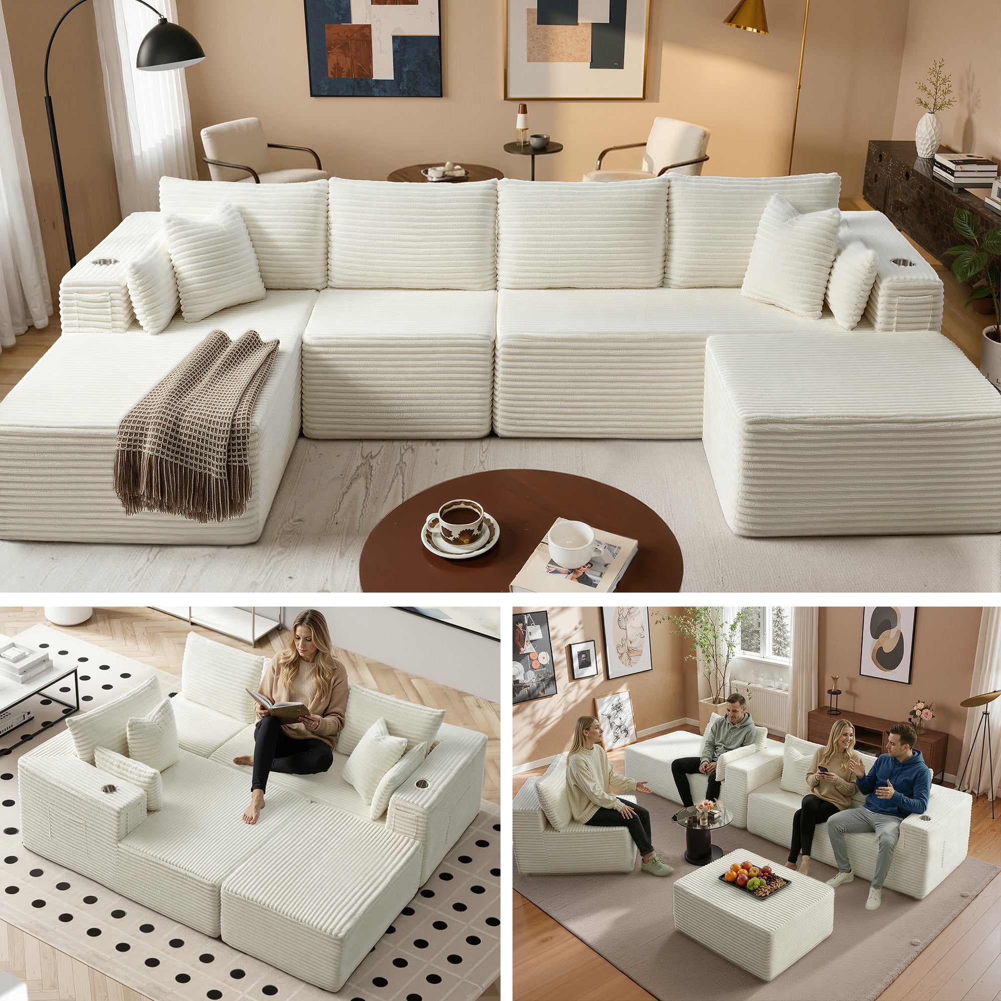 138" U-Shape Modular Cloud Sectional Boneless Sofa with Chaise & Ottoman, Extra-Wide Deep Seat Plush Corduroy Couch for Living Rooms & Apartments (Beige)