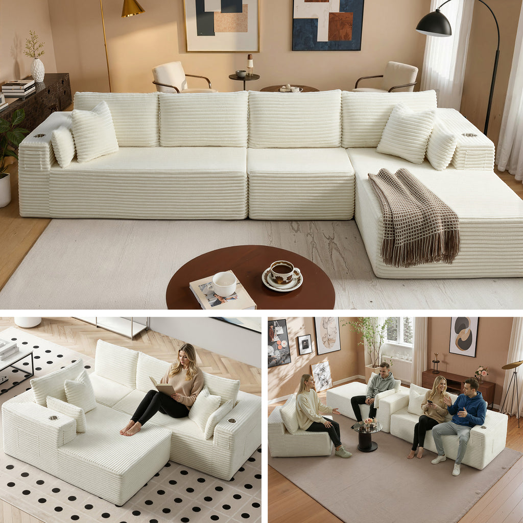 138" L-Shape Modular Cloud Sectional Boneless Sofa with Chaise, Extra-Wide Deep Seat Plush Corduroy Couch for Living Rooms & Apartments (Beige)