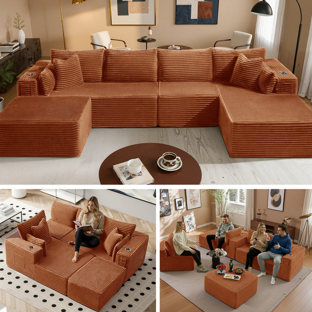 138" U-Shape Modular Cloud Sectional Boneless Sofa with Chaise & Ottoman, Extra-Wide Deep Seat Plush Corduroy Couch for Living Rooms & Apartments (Orange)