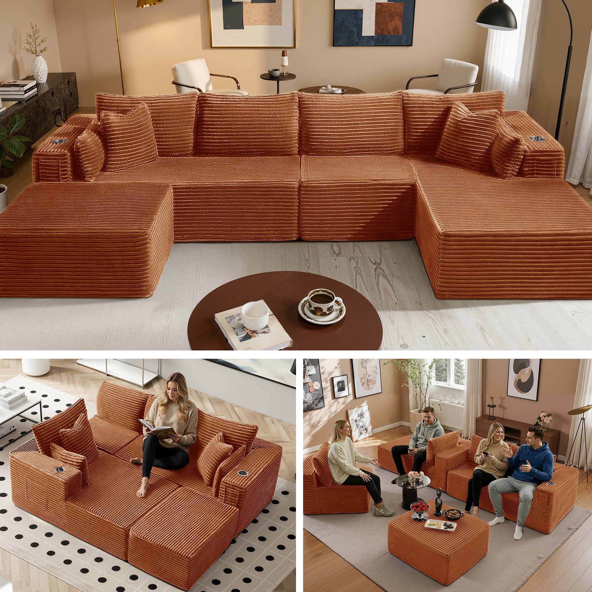 138" U-Shape Modular Cloud Sectional Boneless Sofa with Chaise & Ottoman, Extra-Wide Deep Seat Plush Corduroy Couch for Living Rooms & Apartments (Orange)