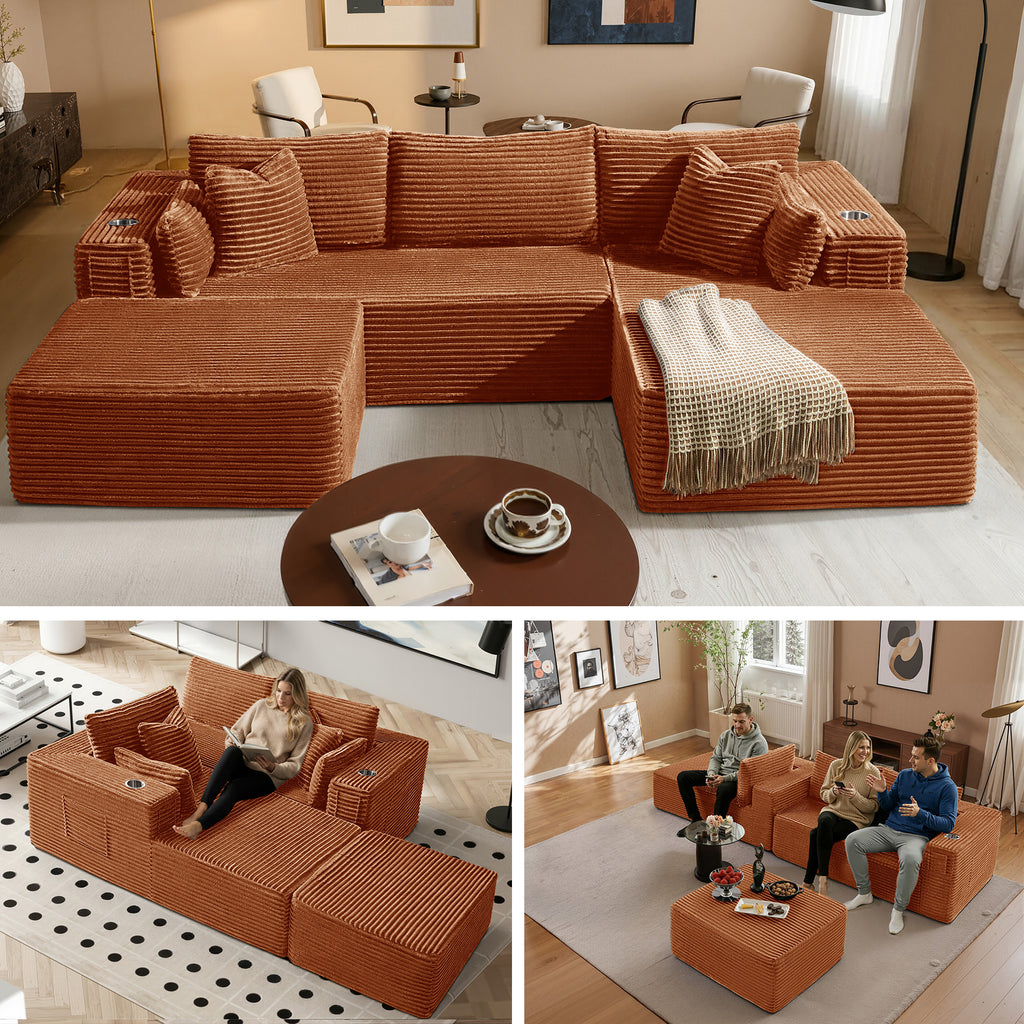 108" U-Shape Modular Cloud Sectional Boneless Sofa with Chaise & Ottoman, Extra-Wide Deep Seat Plush Corduroy Couch for Living Rooms & Apartments (Orange)
