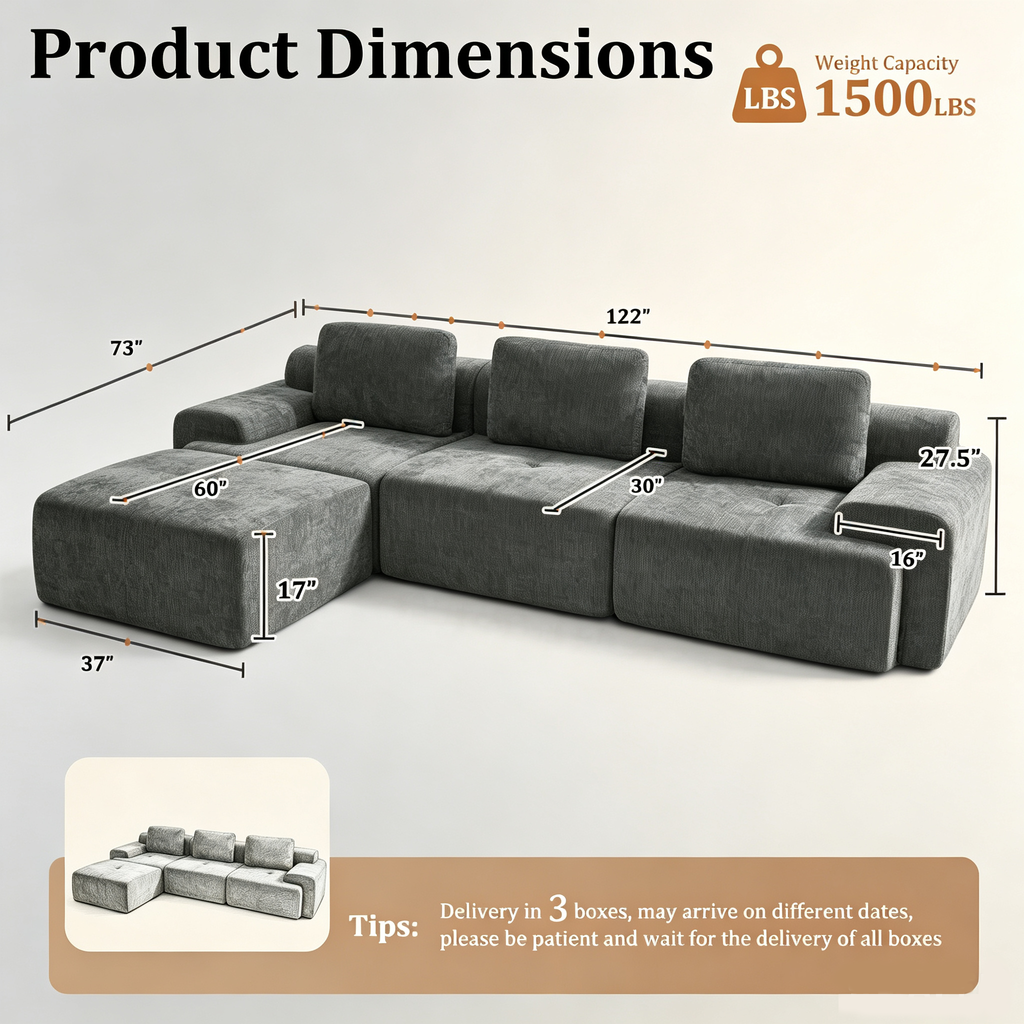 122" Modular Sectional Sofa-L-Shaped Oversized Cloud Couch with High Back & Extra Deep Seat, No Assembly Required, Plush Chenille, 4 Seat, Dark Grey
