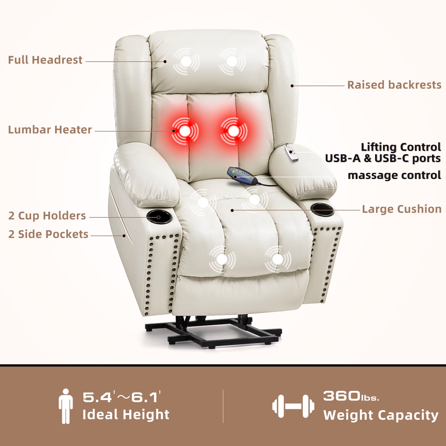 Cfvyne Large Power Lift Chairs Recliners for Elderly with Heated and Massage, Overstuffed Adjustable Lift Chairs, 3 Positions, Breathable Leather, USB-A and USB-C, Cup Holder, Side Pocket