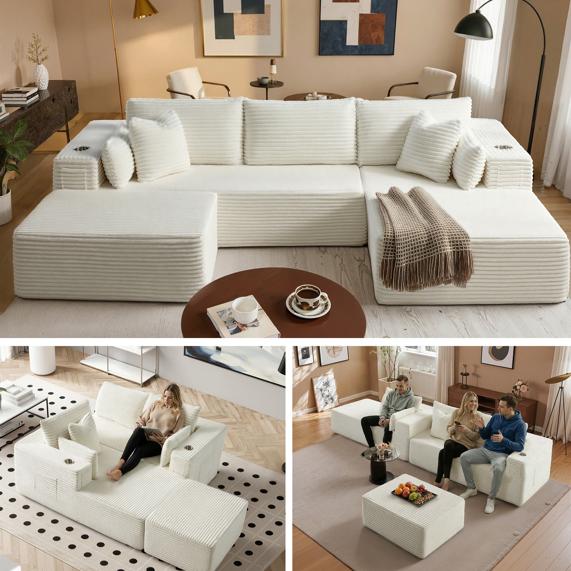 108" U-Shape Modular Cloud Sectional Boneless Sofa with Chaise & Ottoman, Extra-Wide Deep Seat Plush Corduroy Couch for Living Rooms & Apartments (Beige)