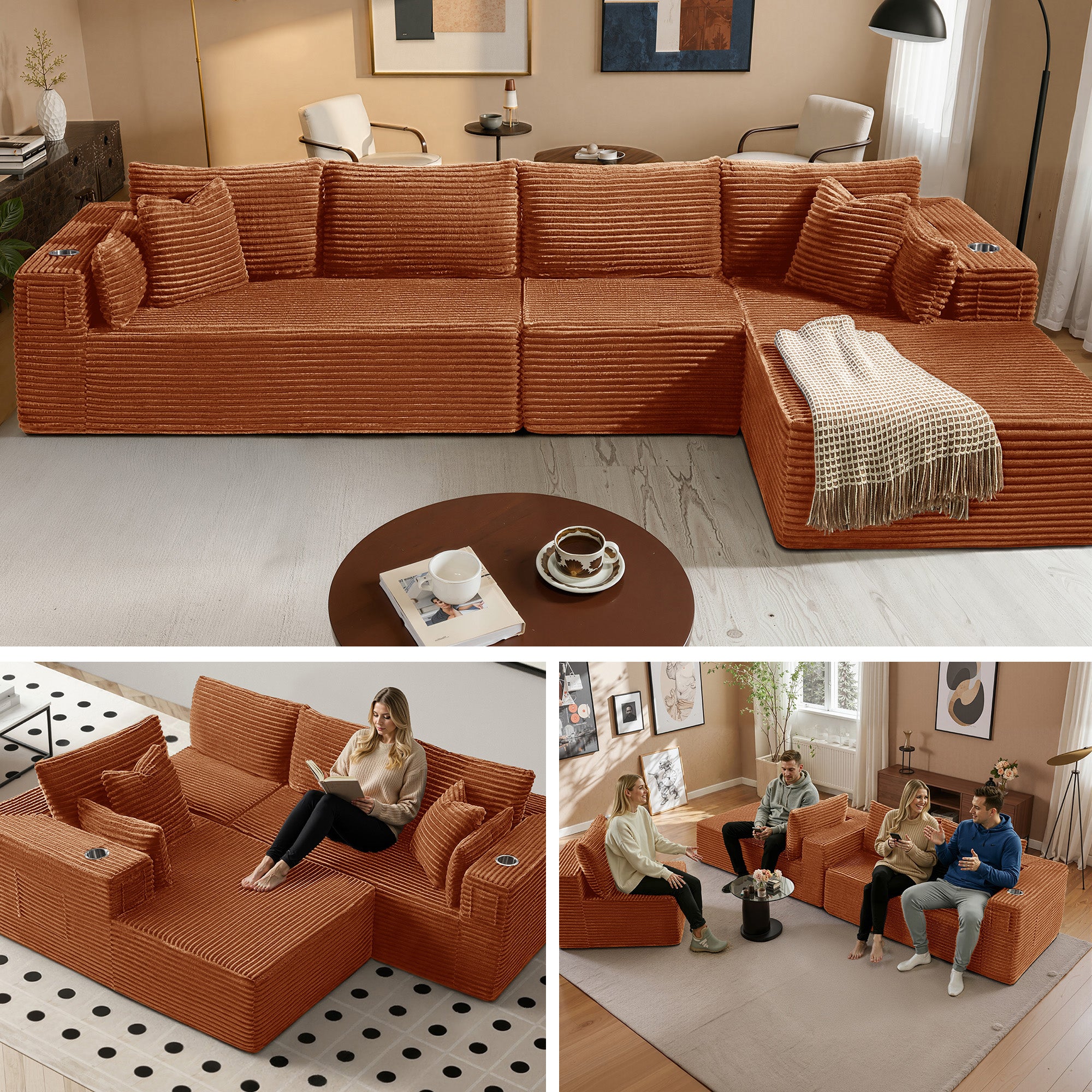 138" L-Shape Modular Cloud Sectional Boneless Sofa with Chaise, Extra-Wide Deep Seat Plush Corduroy Couch for Living Rooms & Apartments (Orange)