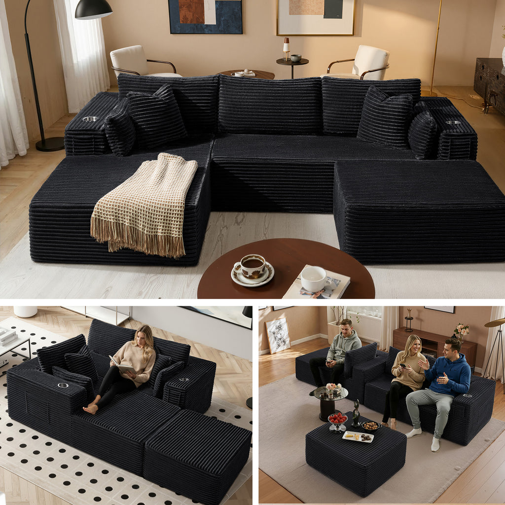 108" U-Shape Modular Cloud Sectional Boneless Sofa with Chaise & Ottoman, Extra-Wide Deep Seat Plush Corduroy Couch for Living Rooms & Apartments (Black)