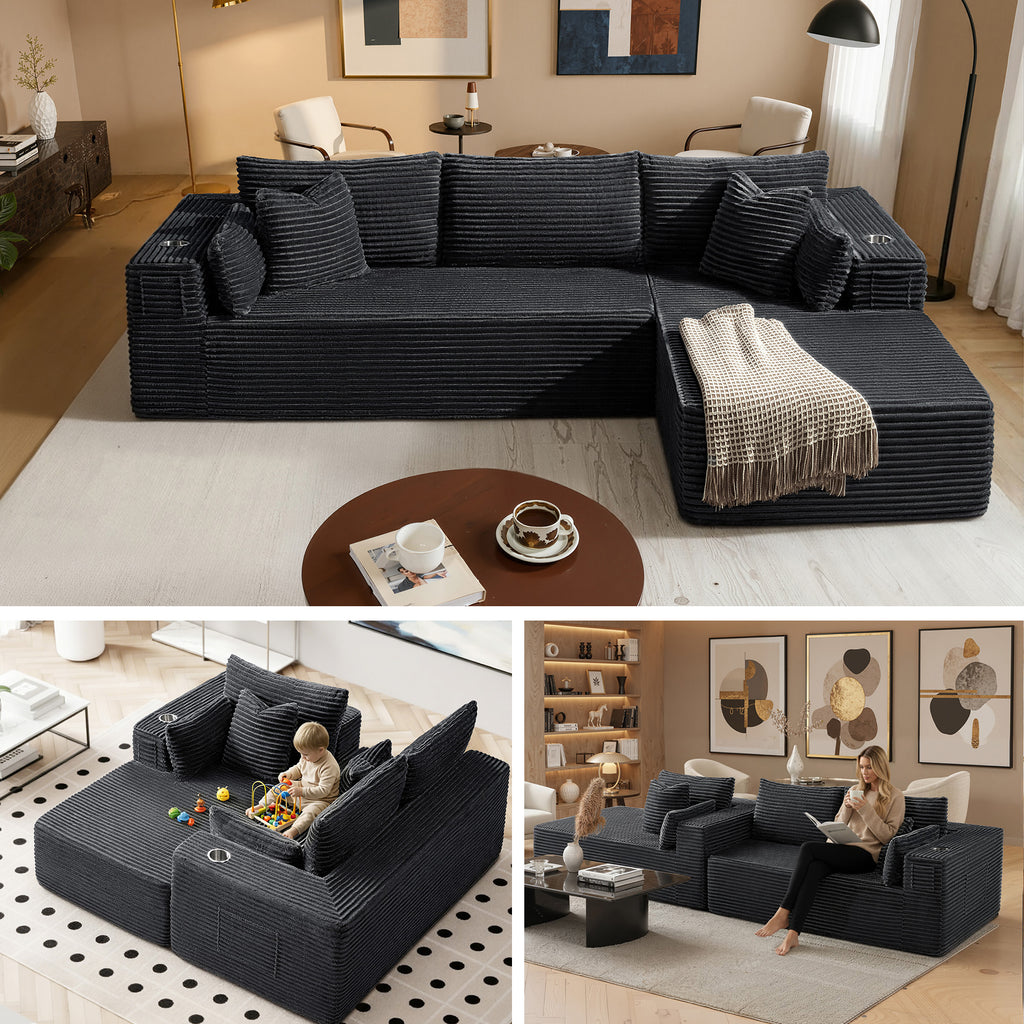108" L-Shape Modular Cloud Sectional Boneless Sofa with Chaise, Extra-Wide Deep Seat Plush Corduroy Couch for Living Rooms & Apartments (Dark Grey)