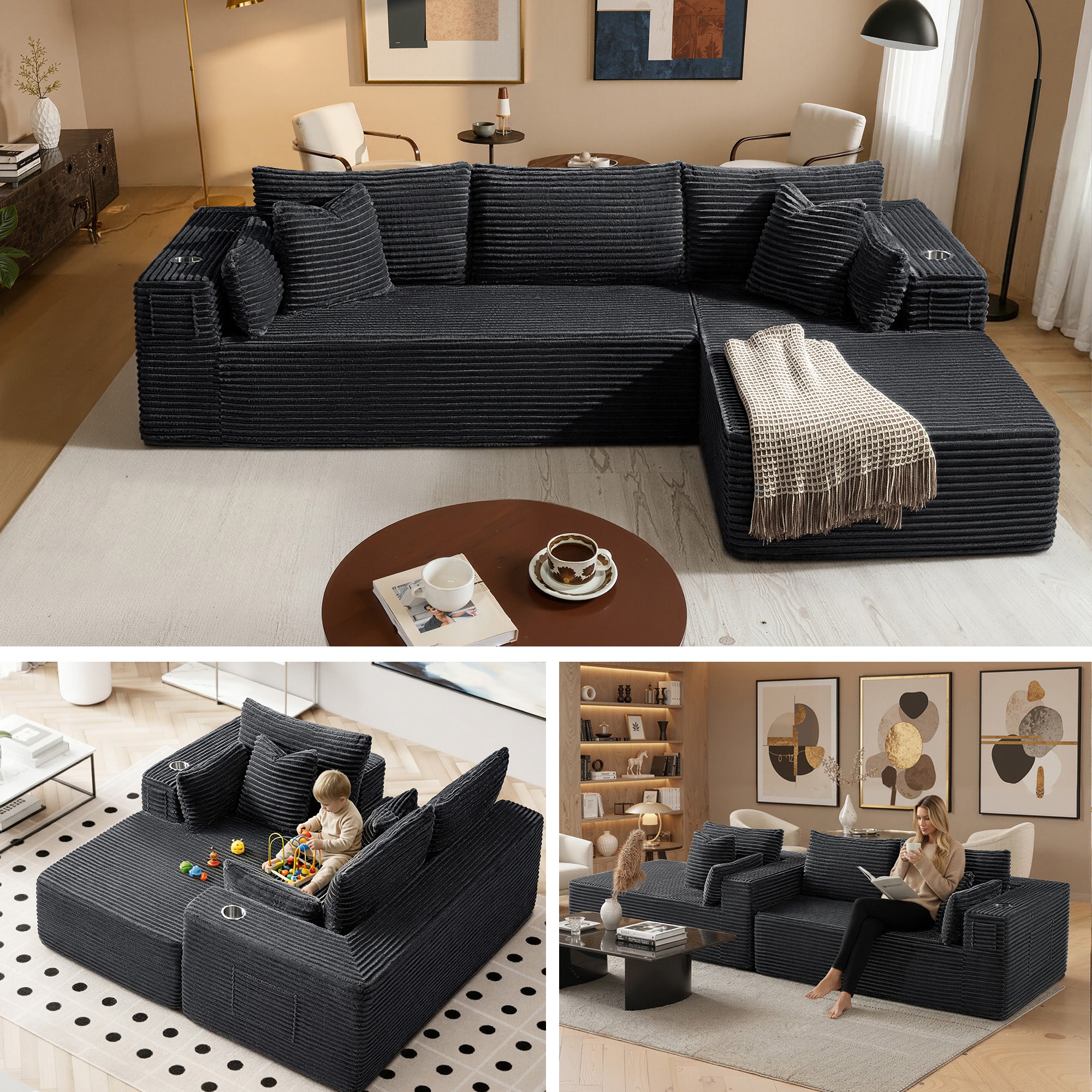 108" L-Shape Modular Cloud Sectional Boneless Sofa with Chaise, Extra-Wide Deep Seat Plush Corduroy Couch for Living Rooms & Apartments (Dark Grey)