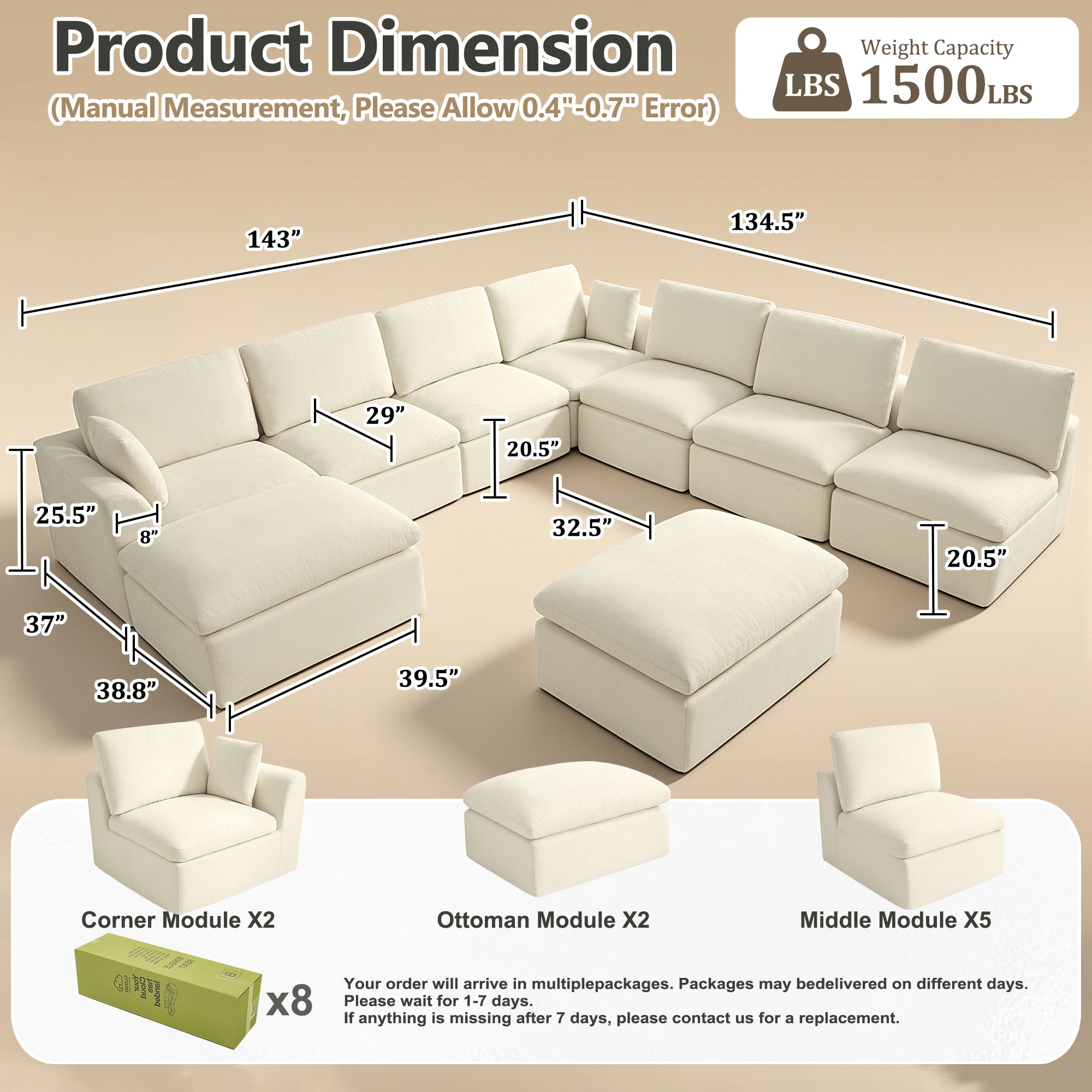 240.5" 7-Seater Cloud Sofa with 2 Movable Ottomans, Deep Seat Modelar Sectional Sofa with Memory Foam, Soft Chenille Fabric, Plush Comfy Sofa for Living Room, Beige
