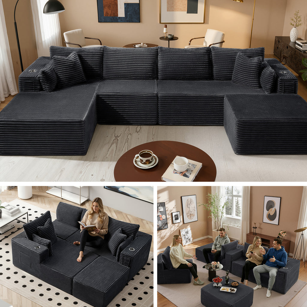 138" U-Shape Modular Cloud Sectional Boneless Sofa with Chaise & Ottoman, Extra-Wide Deep Seat Plush Corduroy Couch for Living Rooms & Apartments (Dark Grey)