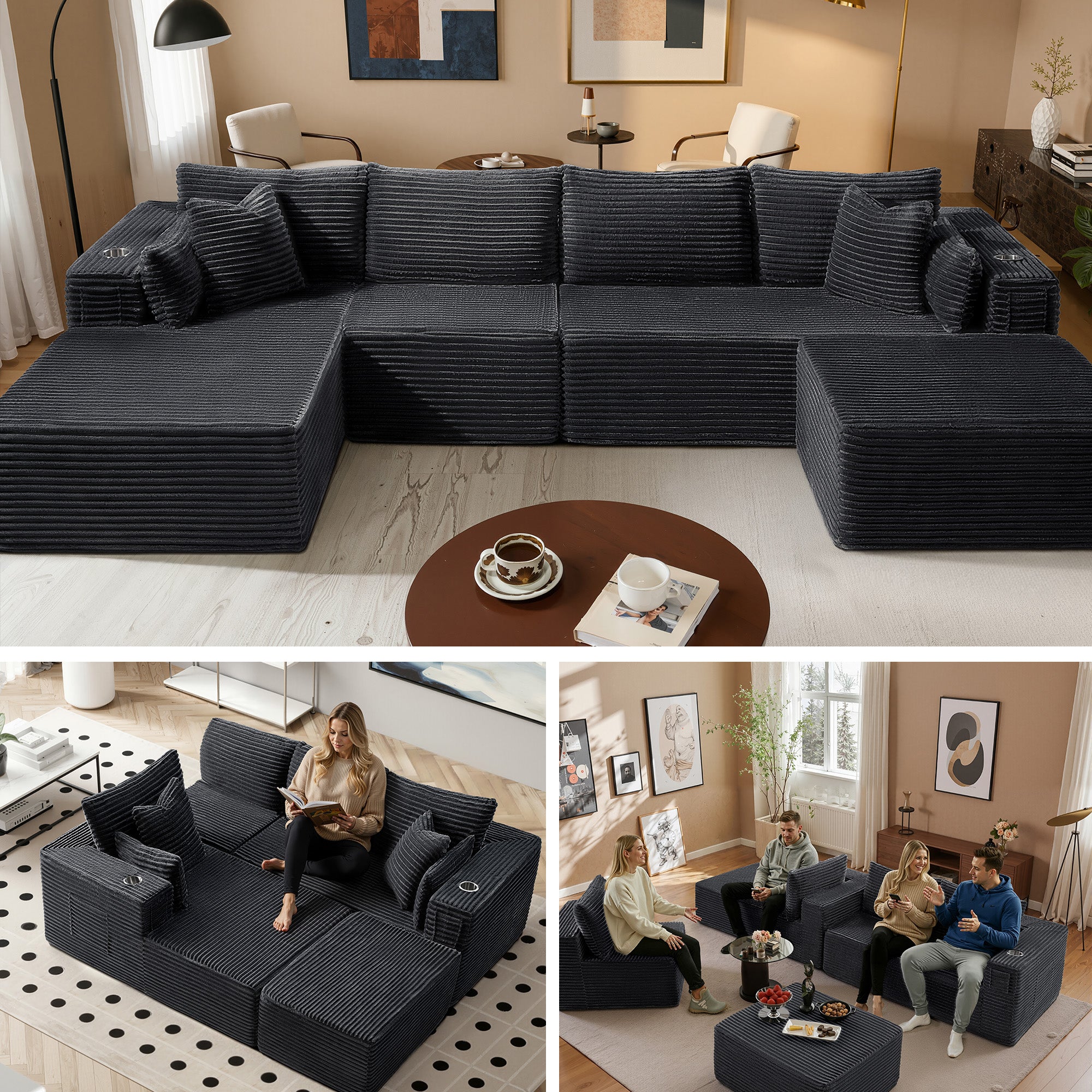 138" U-Shape Modular Cloud Sectional Boneless Sofa with Chaise & Ottoman, Extra-Wide Deep Seat Plush Corduroy Couch for Living Rooms & Apartments (Dark Grey)