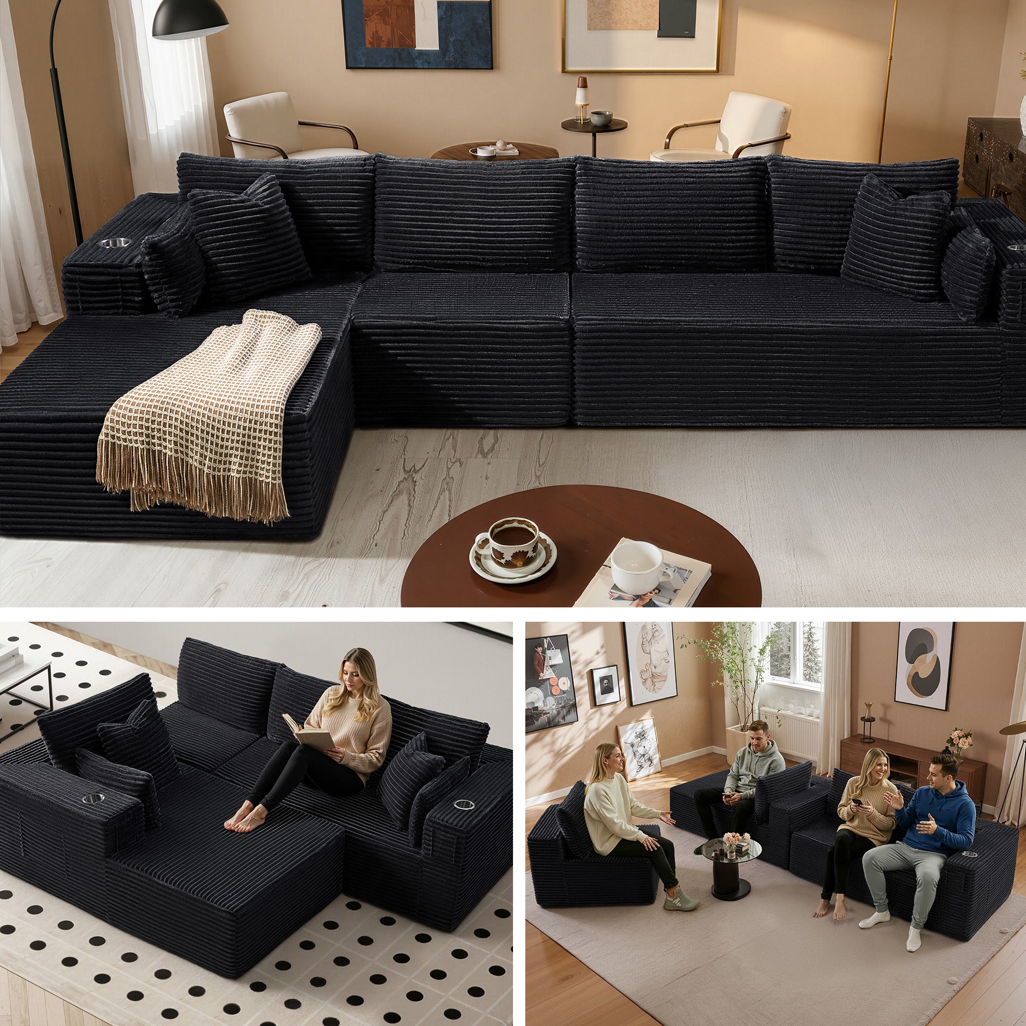138" L-Shape Modular Cloud Sectional Boneless Sofa with Chaise, Extra-Wide Deep Seat Plush Corduroy Couch for Living Rooms & Apartments (Black)