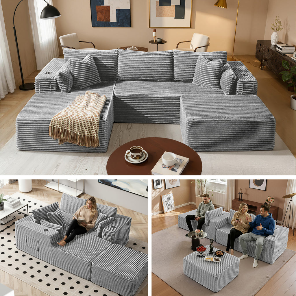 108" U-Shape Modular Cloud Sectional Boneless Sofa with Chaise & Ottoman, Extra-Wide Deep Seat Plush Corduroy Couch for Living Rooms & Apartments (Light Grey)