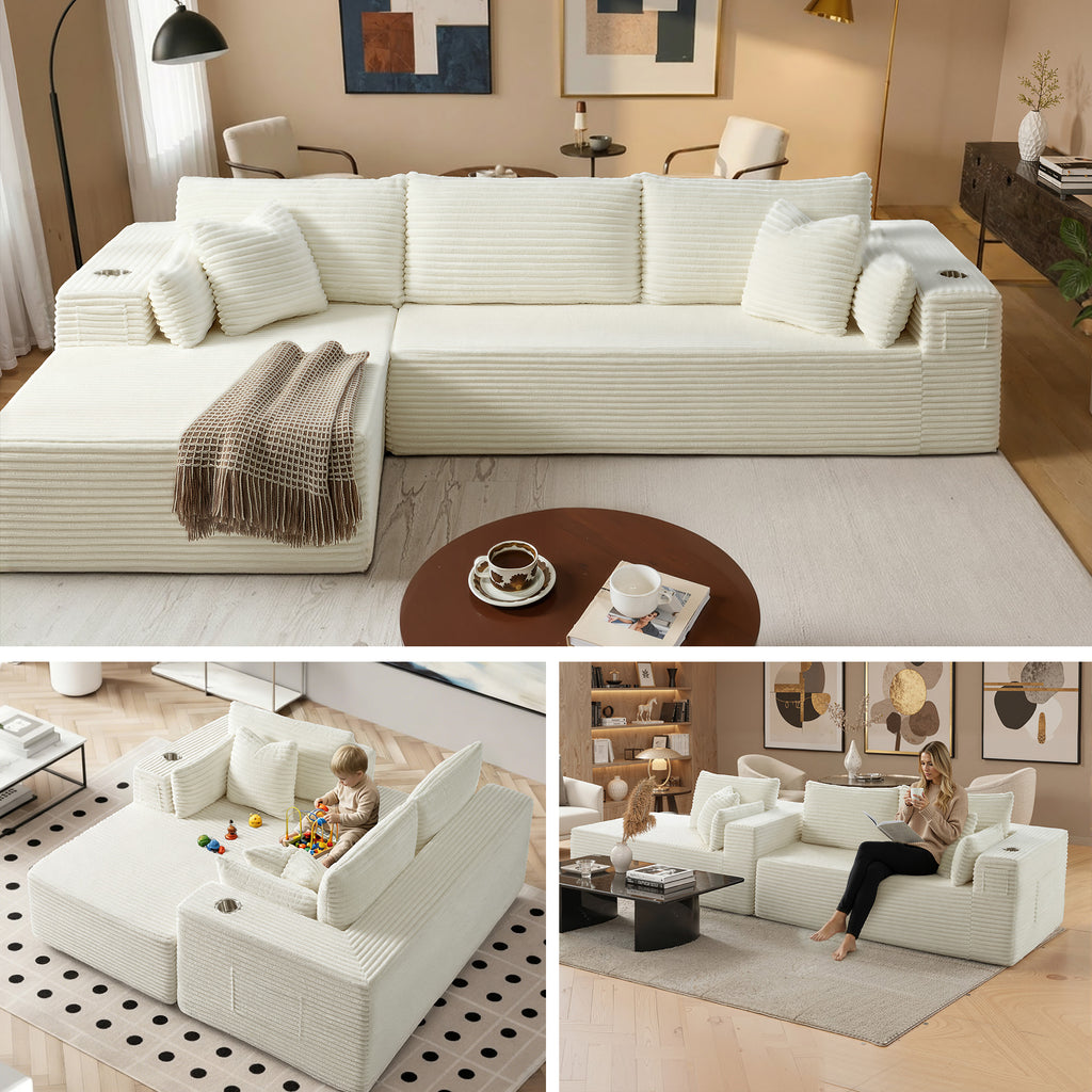 108" L-Shape Modular Cloud Sectional Boneless Sofa with Chaise, Extra-Wide Deep Seat Plush Corduroy Couch for Living Rooms & Apartments (Beige)