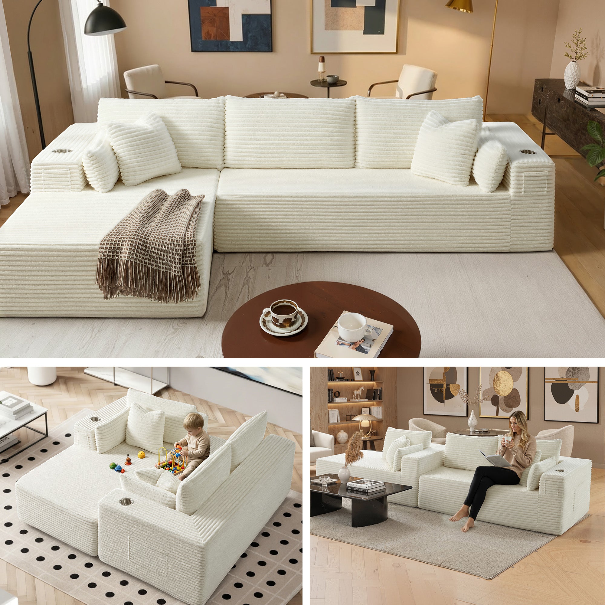 108" L-Shape Modular Cloud Sectional Boneless Sofa with Chaise, Extra-Wide Deep Seat Plush Corduroy Couch for Living Rooms & Apartments (Beige)